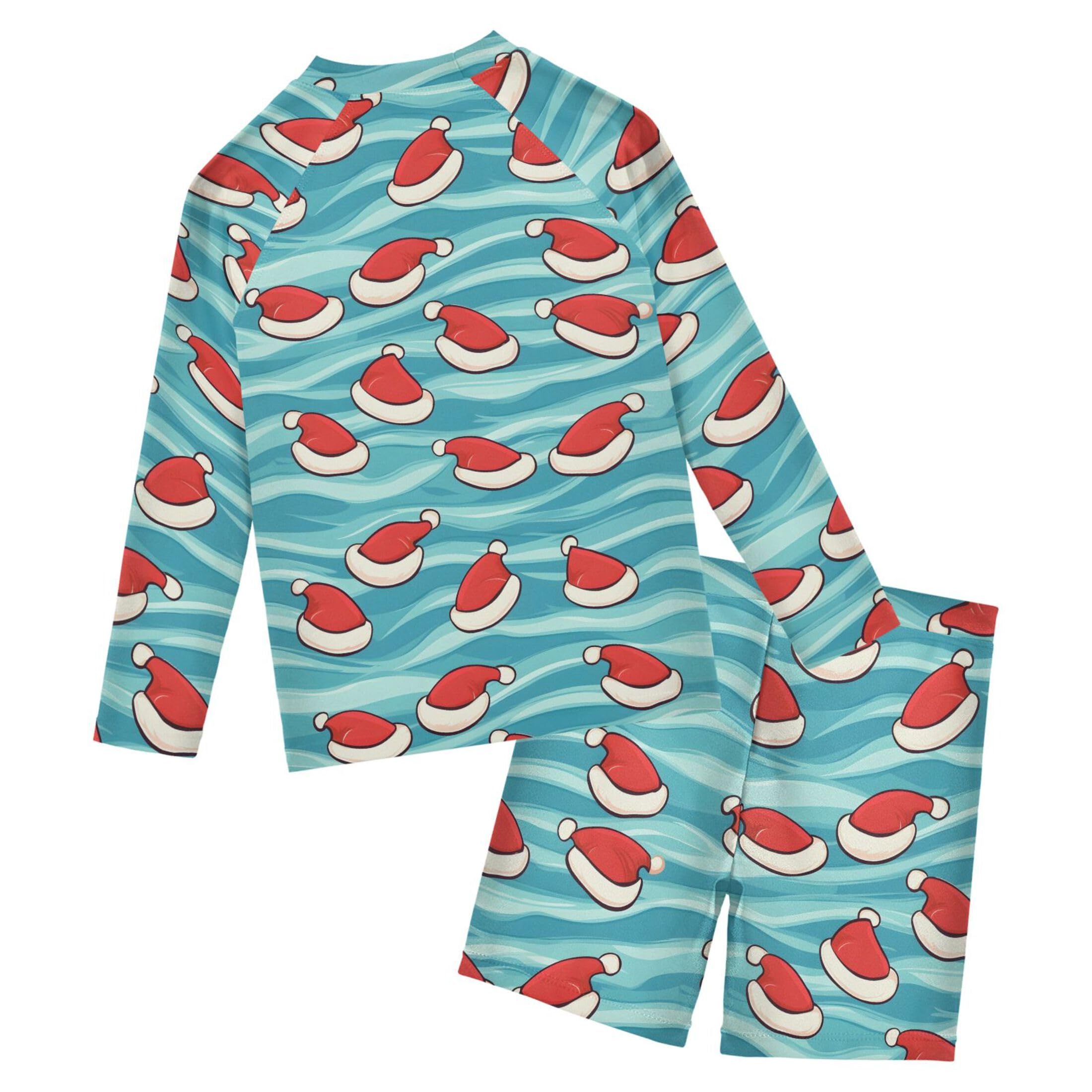 Christmas Xmas Christmas Hat Boys Rash Guard Swimsuits Set for Boys Long Sleeve Swim Shirts Bathing Suits B0403701