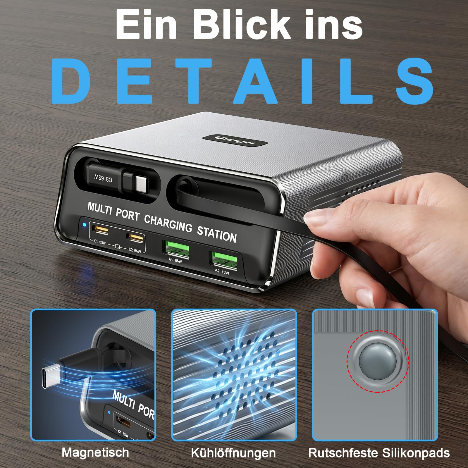 6 in 1 GaN Ladestation Mehrere Geräte, 65W USB C Schnellladegerät mit 2 Einziehbaren Kabeln, Klein Ladestation Kompatibel für MacBook/iPad/Phone 17/16/Samsung/, Silent Design mit rutschfest