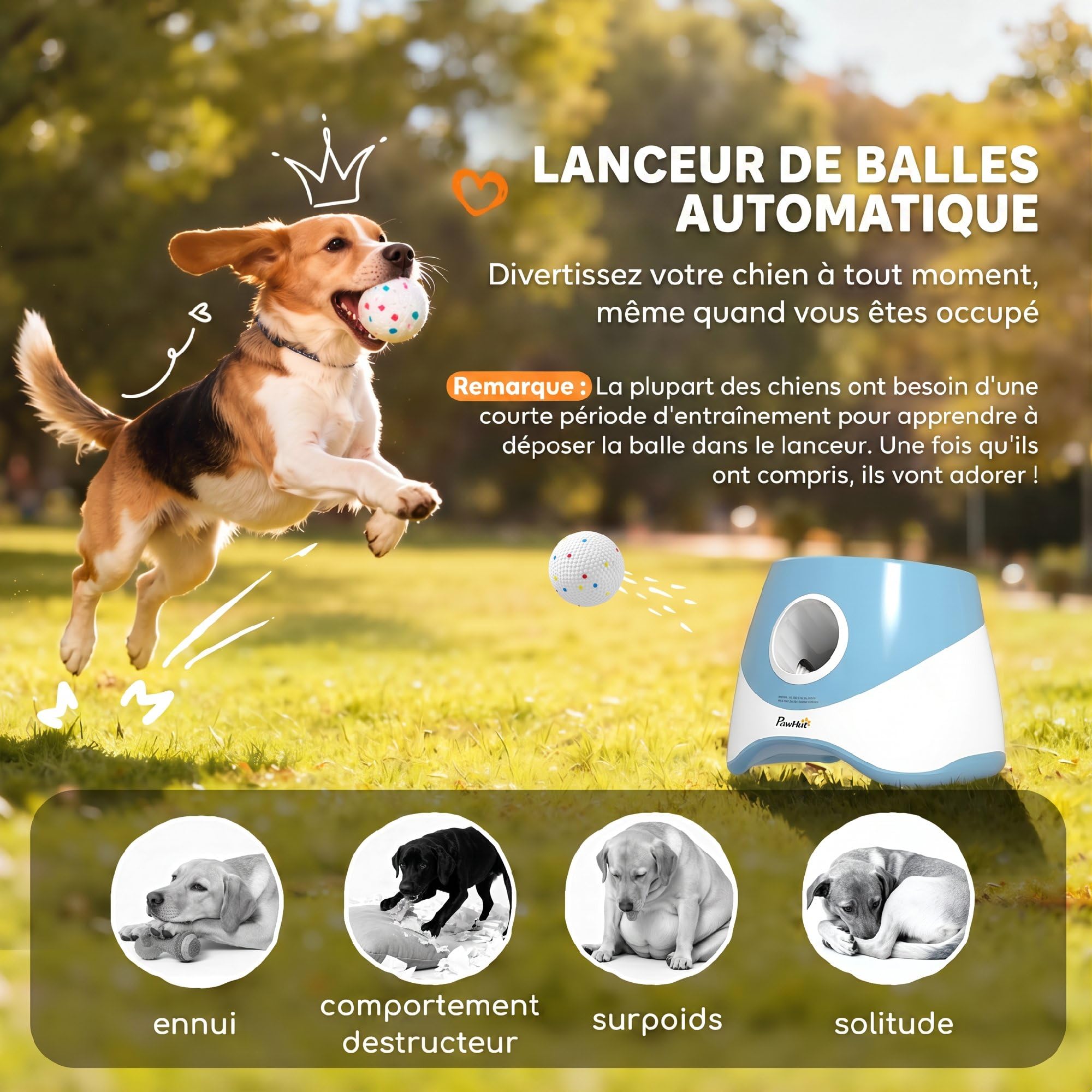 PawHut Lanceur Automatique de Balles pour Chiens Petits et Moyens avec 3 Balles en ETPU, 3 Distances (6m/10m/14m), Jouet d'Entraînement Intérieur Extérieur, Bleu