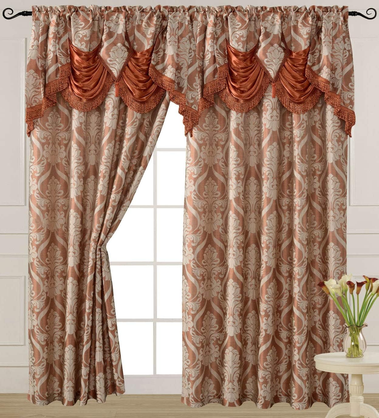 V Luxury Jacquard Curtain Panel with Attached Waterfall Valance, 54 by 84-Inch Ashley Brick