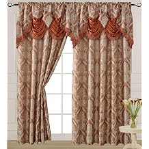 V Luxury Jacquard Curtain Panel with Attached Waterfall Valance, 54 by 84-Inch Ashley Brick