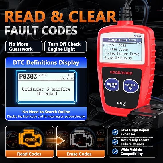 CARXTruck MS309 OBD2 Scanner Engine Light Fault Code Reader Universal OBDII Diagnostic Scan Tool Clear Trouble Code Reading, Freeze Frame Data, I/M Preparation Smog Check