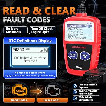 CARXTruck MS309 OBD2 Scanner Engine Light Fault Code Reader Universal OBDII Diagnostic Scan Tool Clear Trouble Code Reading, Freeze Frame Data, I/M Preparation Smog Check