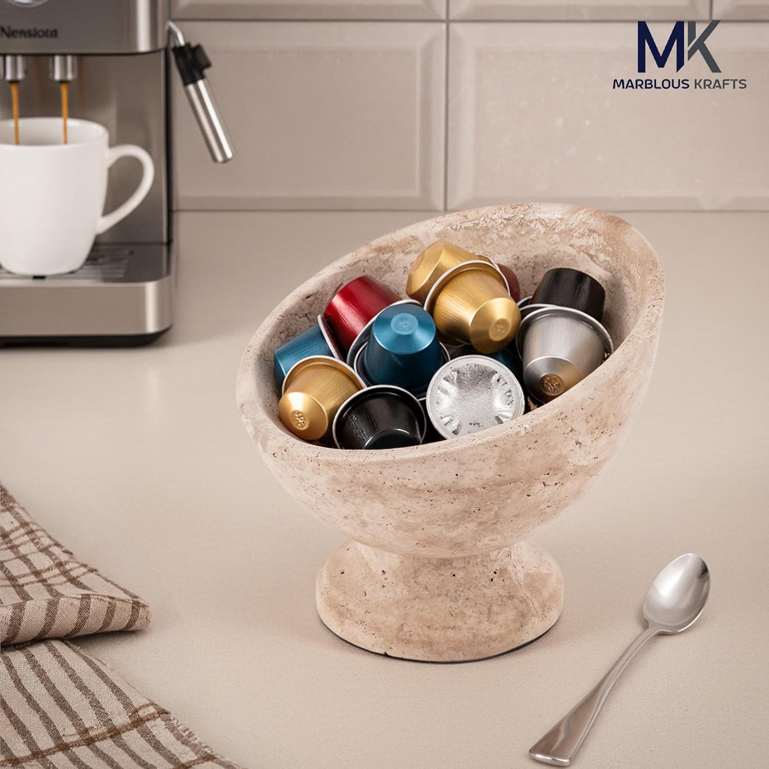 Travertine Coffee Pod Holder 6" Counter Neutral Coffee Bar Decor Organizer for K Cups, Decorative Kitchen Storage Bowl for Candy, Fruit & Treats