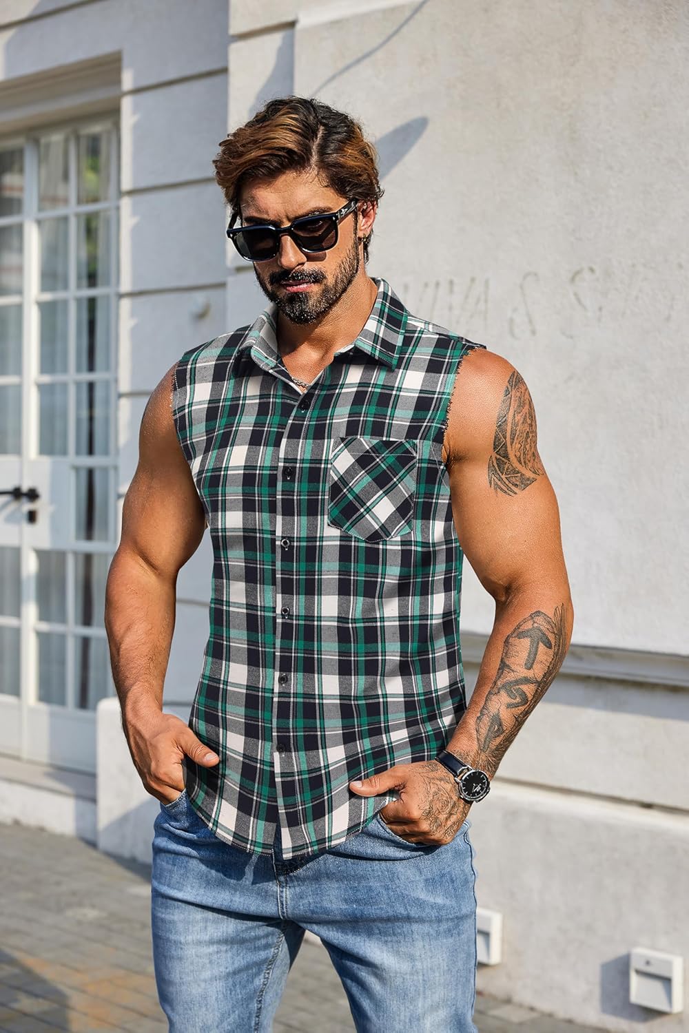 COOFANDY Mens Sleeveless Flannel Shirt Casual Summer Tank Top Button Up Sleeveless Beach Shirts with Chest Pocket - Image 3