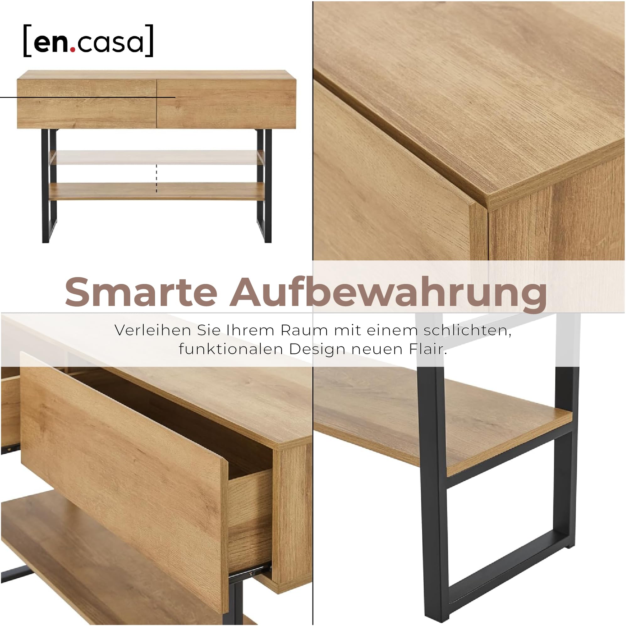 [en.casa] Konsolentisch schmal Varberg Flurtisch mit 2 Schubladen rechteckig Ablagetisch verstellbare Ablage Metallgestell 75 x 120 x 30 cm Eicheoptik