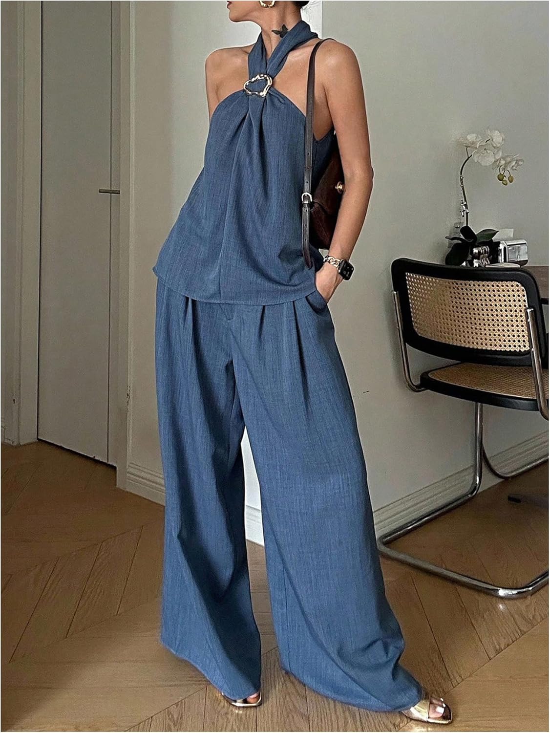 SweatyRocks Women's 2 Piece Outfits Halter Tank Top Blouse and Wide Leg Pants Matching Sets - Image 4