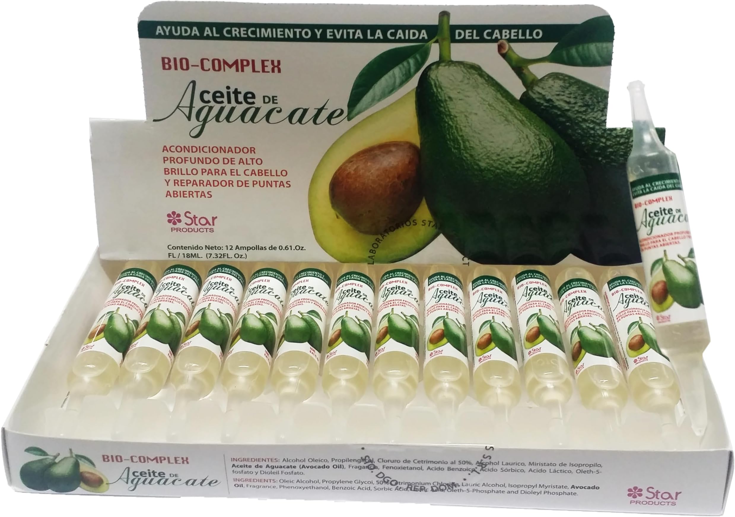 Biocomplex Bio Complex Avocado Oil Ampoules 12 Pack 0.61 Oz Each, Deep Nourishing Hair Treatment for Moisturizing, Repair & Strengthening