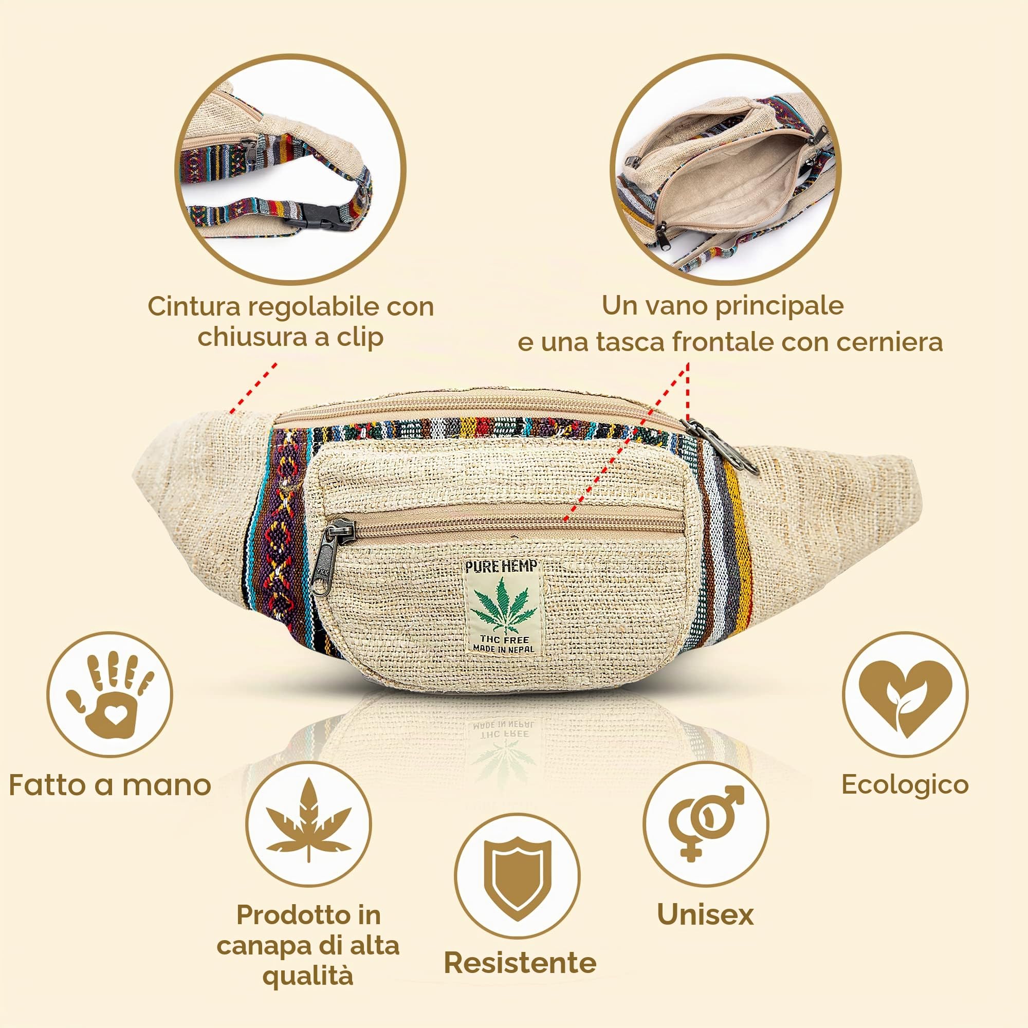 Freakmandu Marsupio di Canapa Unisex - Marsupio a Vita Incrociata Fatto a Mano in Stile Bohémien Hippie per Uomo e Donna