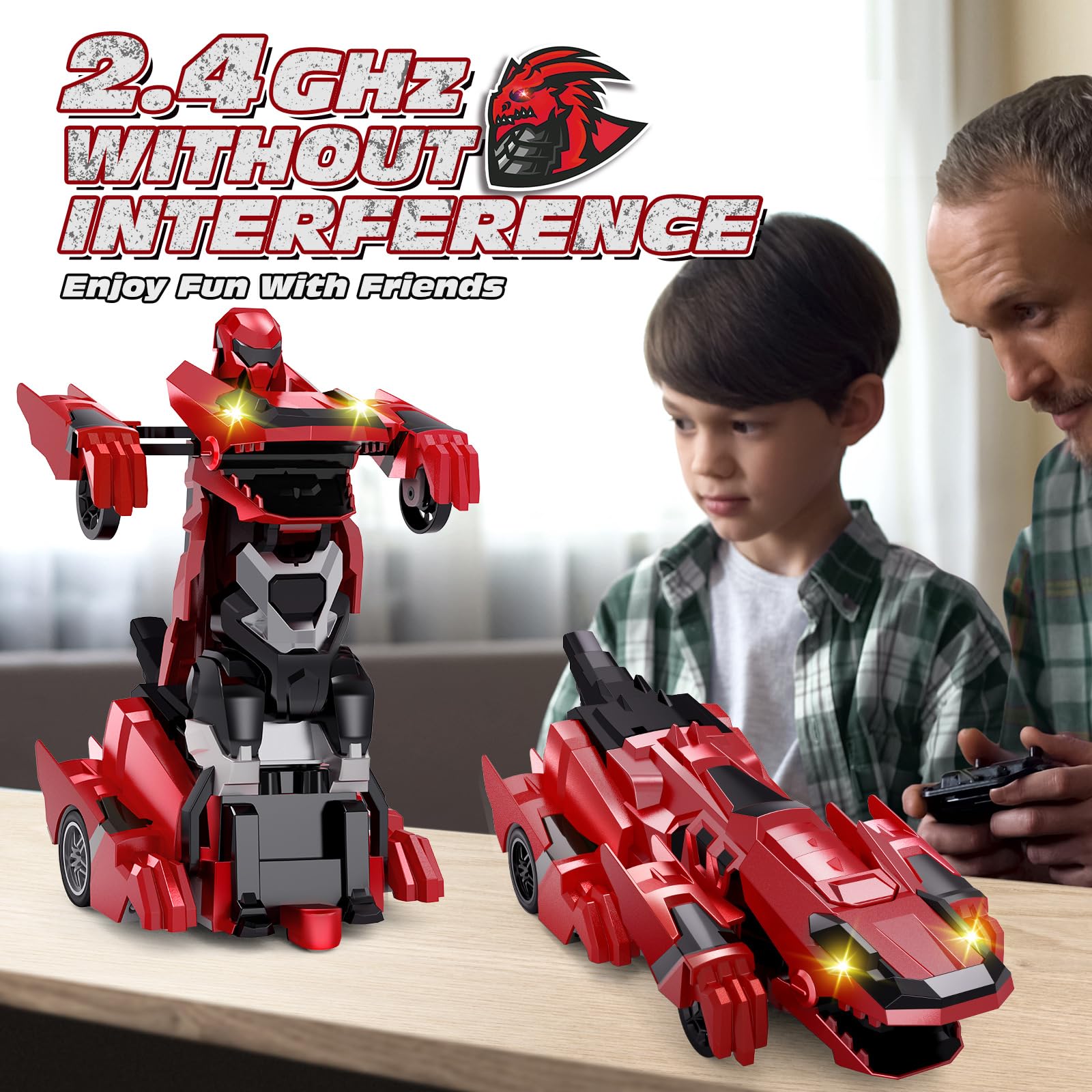 Tecnock 2025 Rechargeable Dinosaur Remote Control Car 2.4GHz One Button Transformation 360 °Rotation Robot Car Toy with LED Lights Toy Gift for Age 4-12 Boys/Girls Red - Image 3