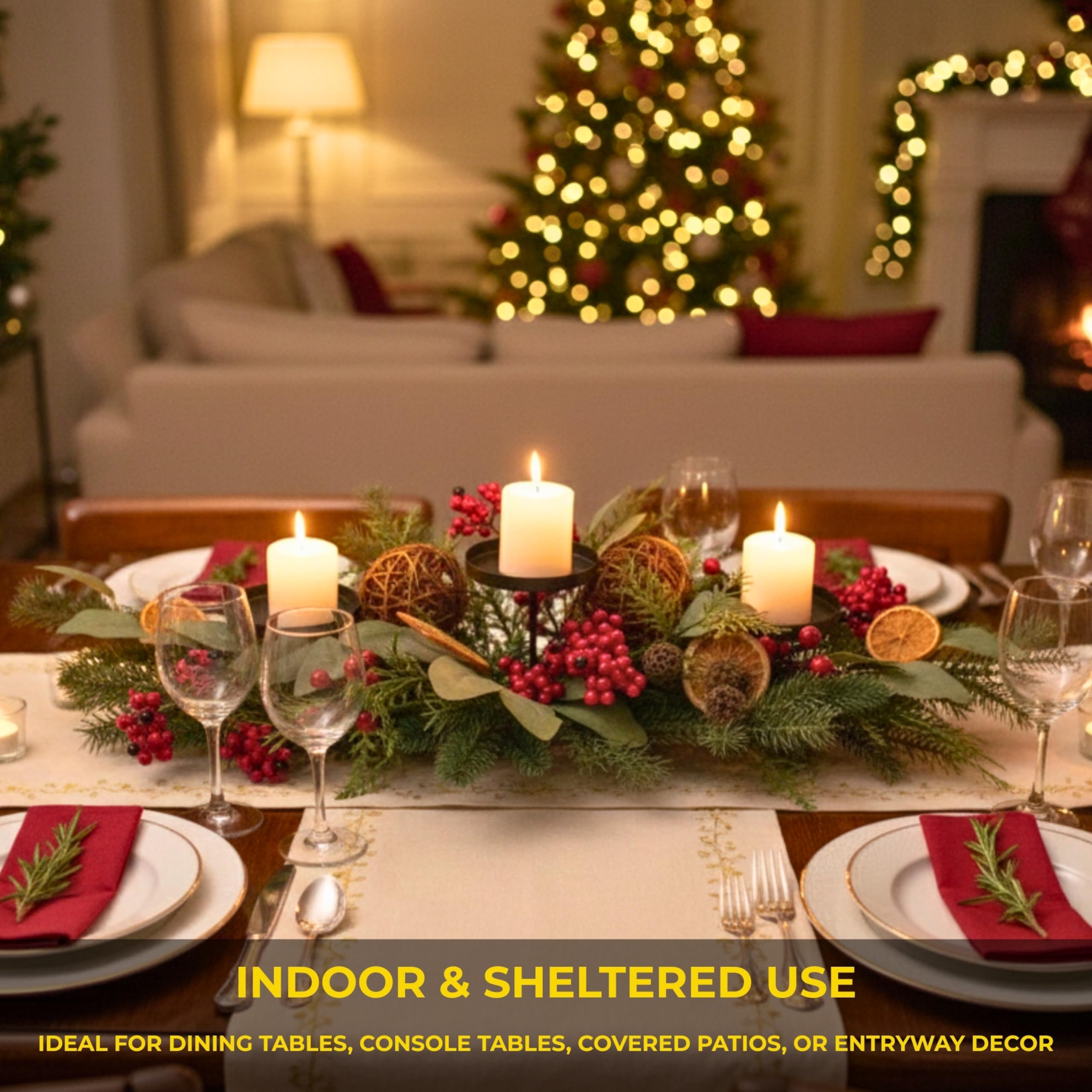 Décoration de Table de Noël avec Feuillage, Baie, Eucalyptus, tranches d'orange, Boules de rotin - Décoration Festive pour la Maison, la Salle à Manger, la cheminée - 66 cm
