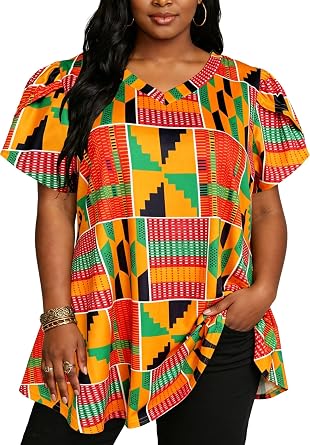 Afibi Women Print Shirt African Dashiki Short Sleeve V Neck فضفاضة بلايز