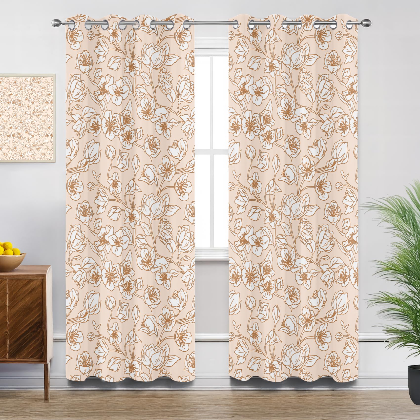 Mistela Floral Curtains for Living Room, Orange White Ditsy Floral Botanical Blackout Curtains Thermal Insulated Extra Long Bedroom Curtain Eyelet, W90 X D108, 2 Panels Drapes Home Decorations
