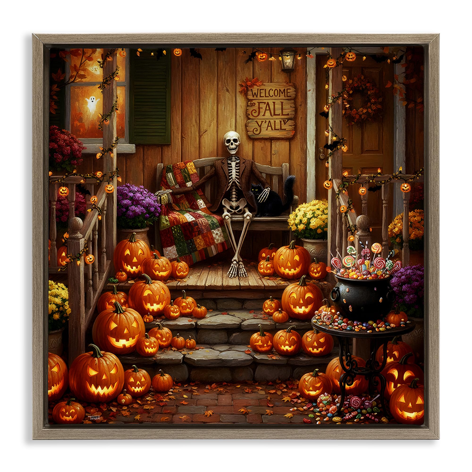 Stupell Industries Montalcino Elm (Textured) Halloween Skeleton Porch Welcome, 24 X 24 Inch Canvas In Floater Frame