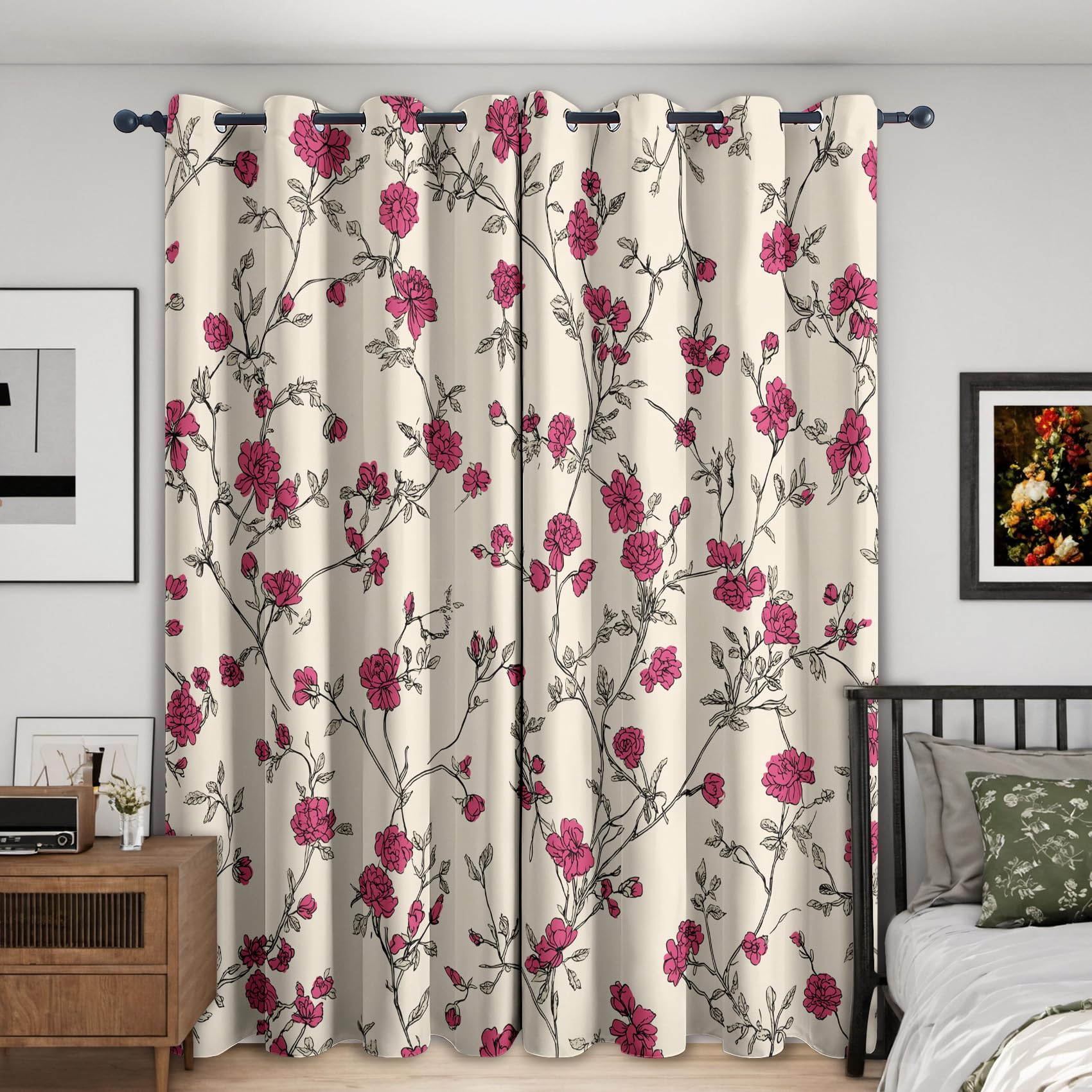 Pink Flower Curtains Blackout, 46x72 Inch 2 Panels - Beige Rose Floral Pattern Black Out Curtains, Home Decor, 72 Drop Eyelet Window Drapes for Bedroom, Living Room KA263