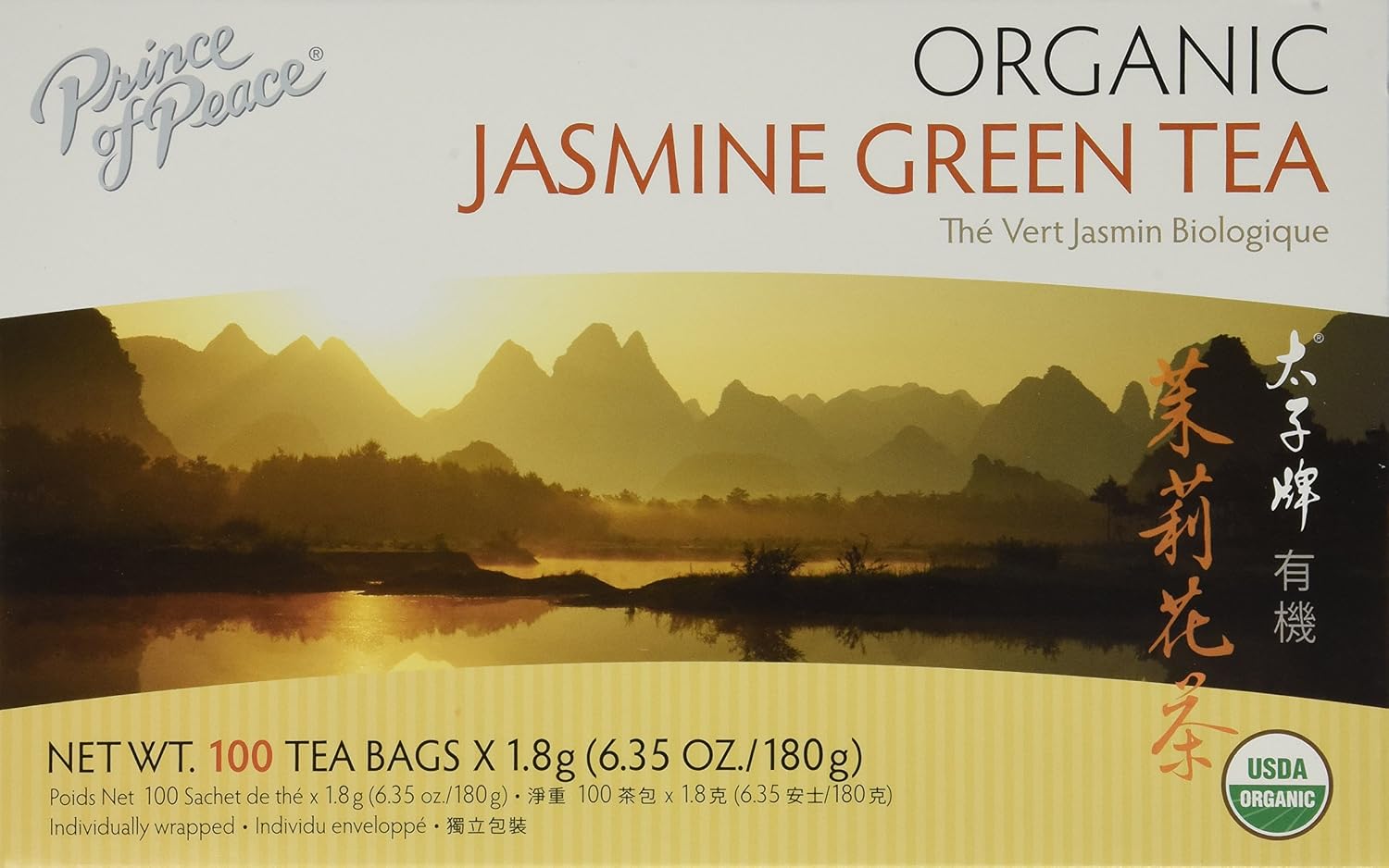 Prince of Peace Organic Jasmine Green Tea, 100 Tea Bags – 100% Organic Green Tea – Unsweetened Green Tea – Lower Caffeine Alternative to Coffee – Herbal Health Benefits