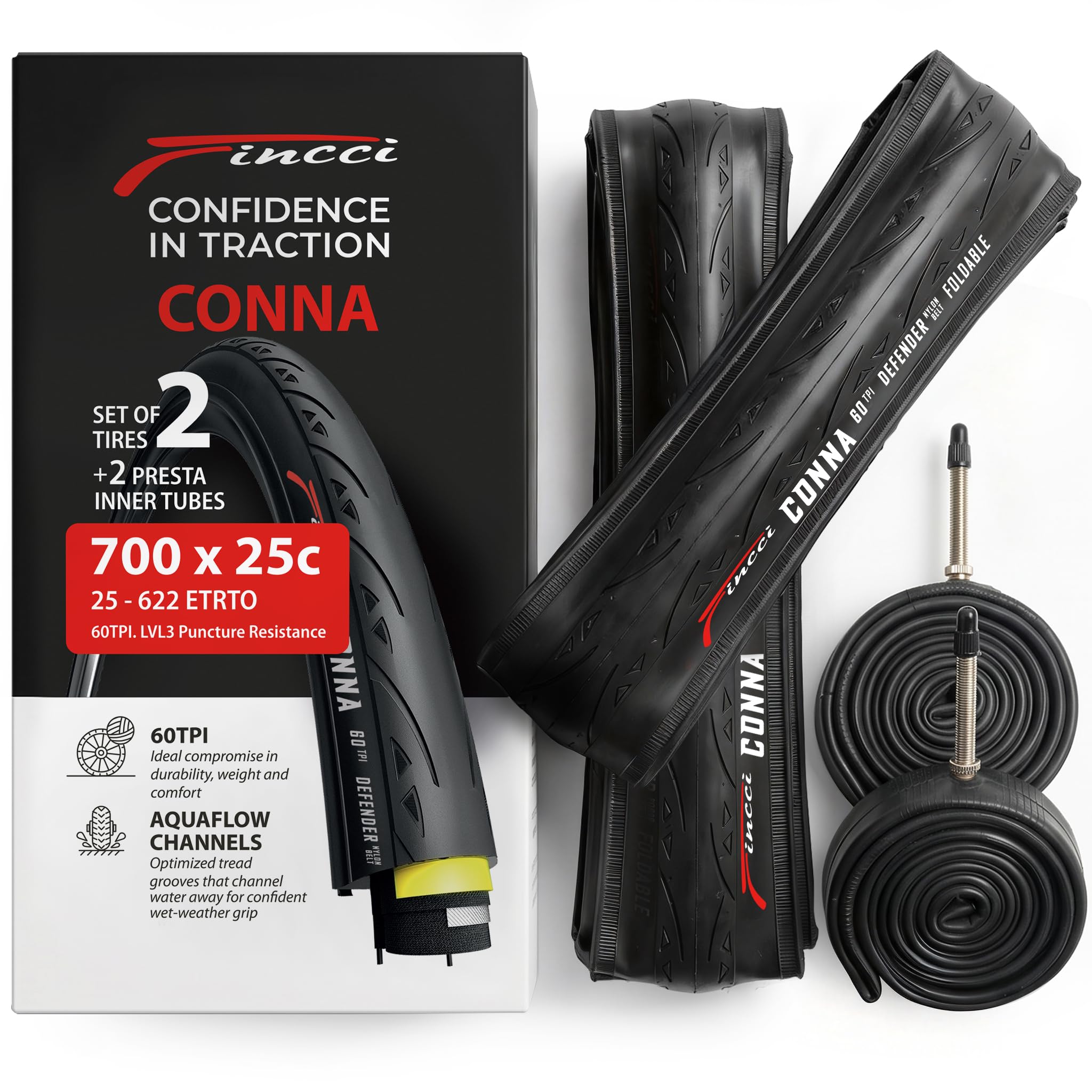 Photo 1 of Fincci Road 700x25c Tire with 700c Bike Tube Presta - Foldable Kevlar 25-622 700c Bike Tire with LVL3 1 mm Nylon Puncture Resistant 60 TPI - Accessories for Folding, Carbon, Racing, City Bike