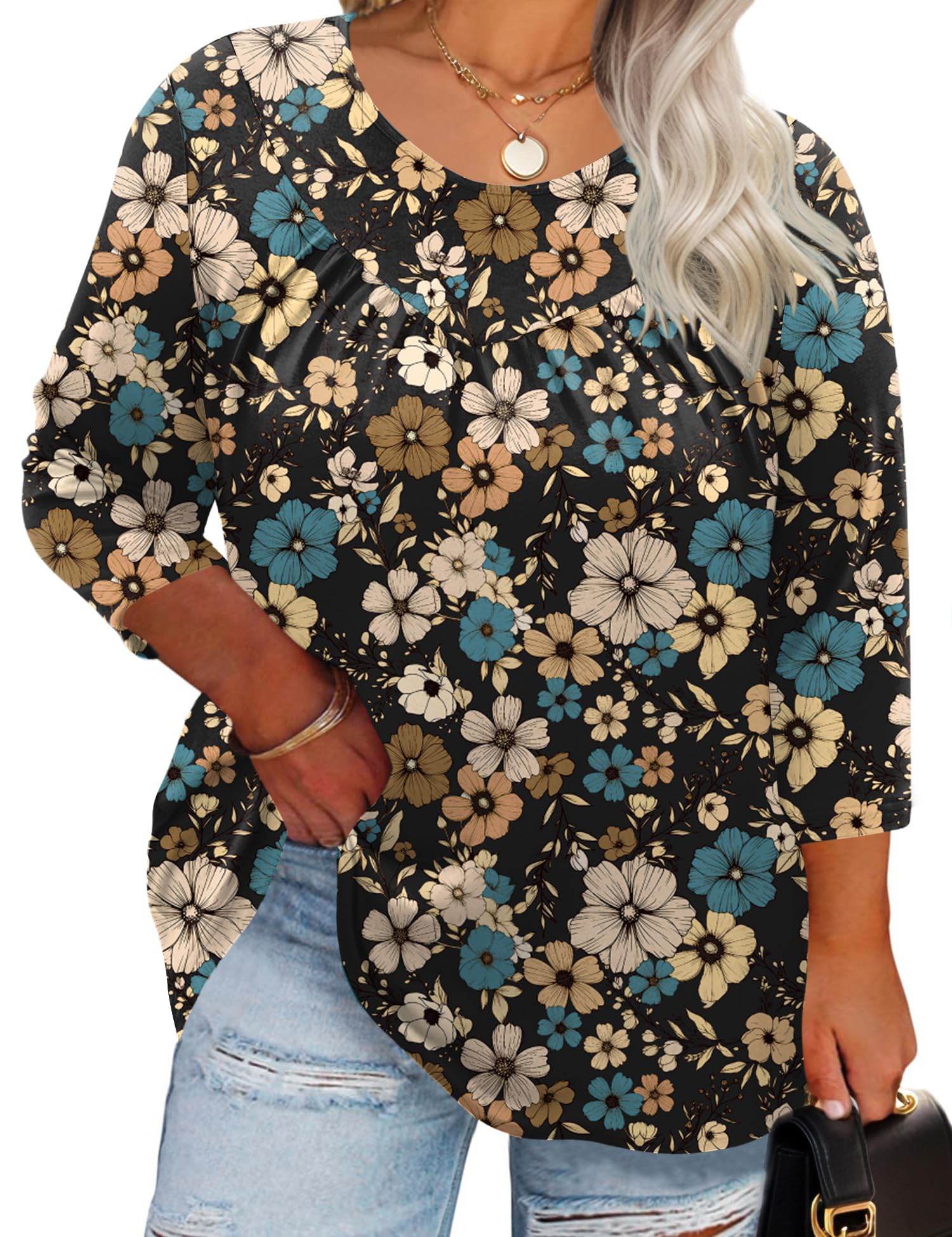 TFSDOD Womens Plus Size Tops 3/4 Length Sleeve Blouses Crew Neck Shirts Casual Loose Tunic Tops 1X-5X