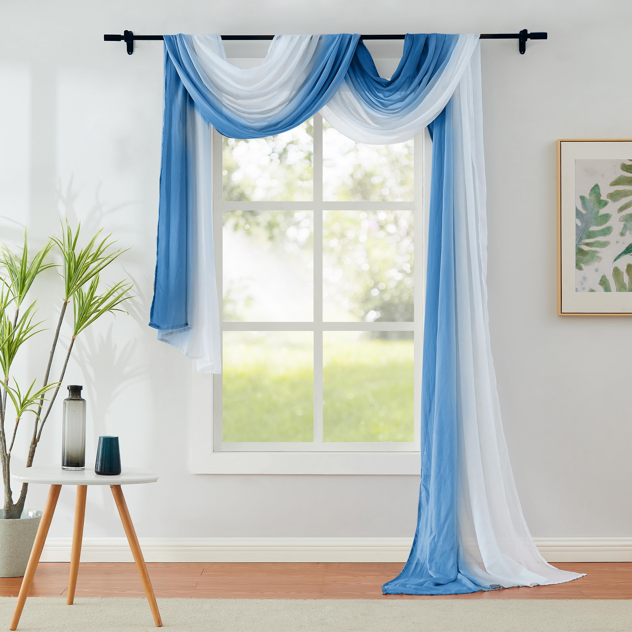 1 Piece Ombre Chiffon Sheer Window Scarf Valance Curtain 18ft for Living Room Bedroom Decor, 216 Inch Long Crinkle Soft Window Sheer Voile Valance for
