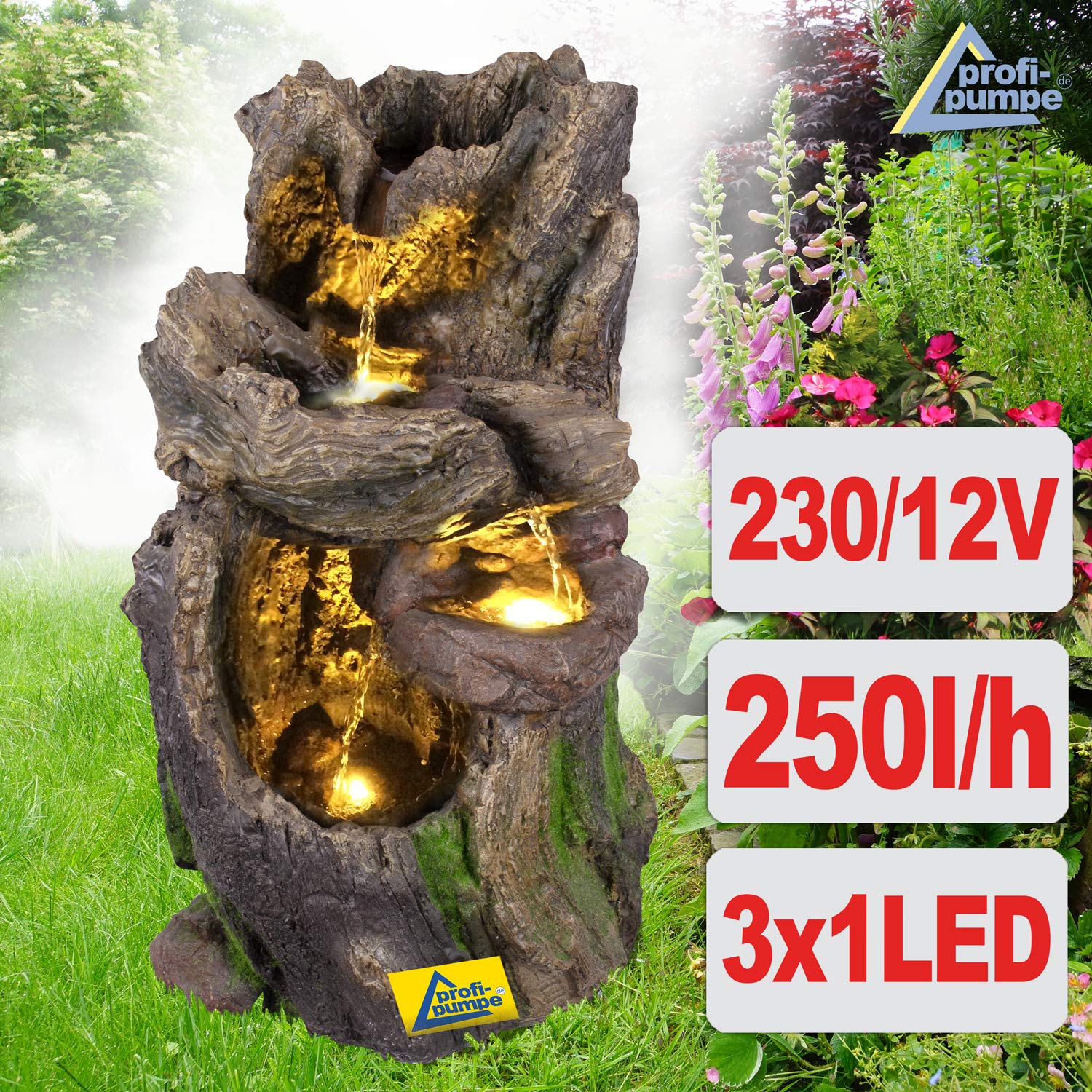 Fuente de jardín, Fuente Decorativa Interior con Luz LED, Cascada de 230 V, Estanque para Terraza (Wald-BÄCHLEIN)
