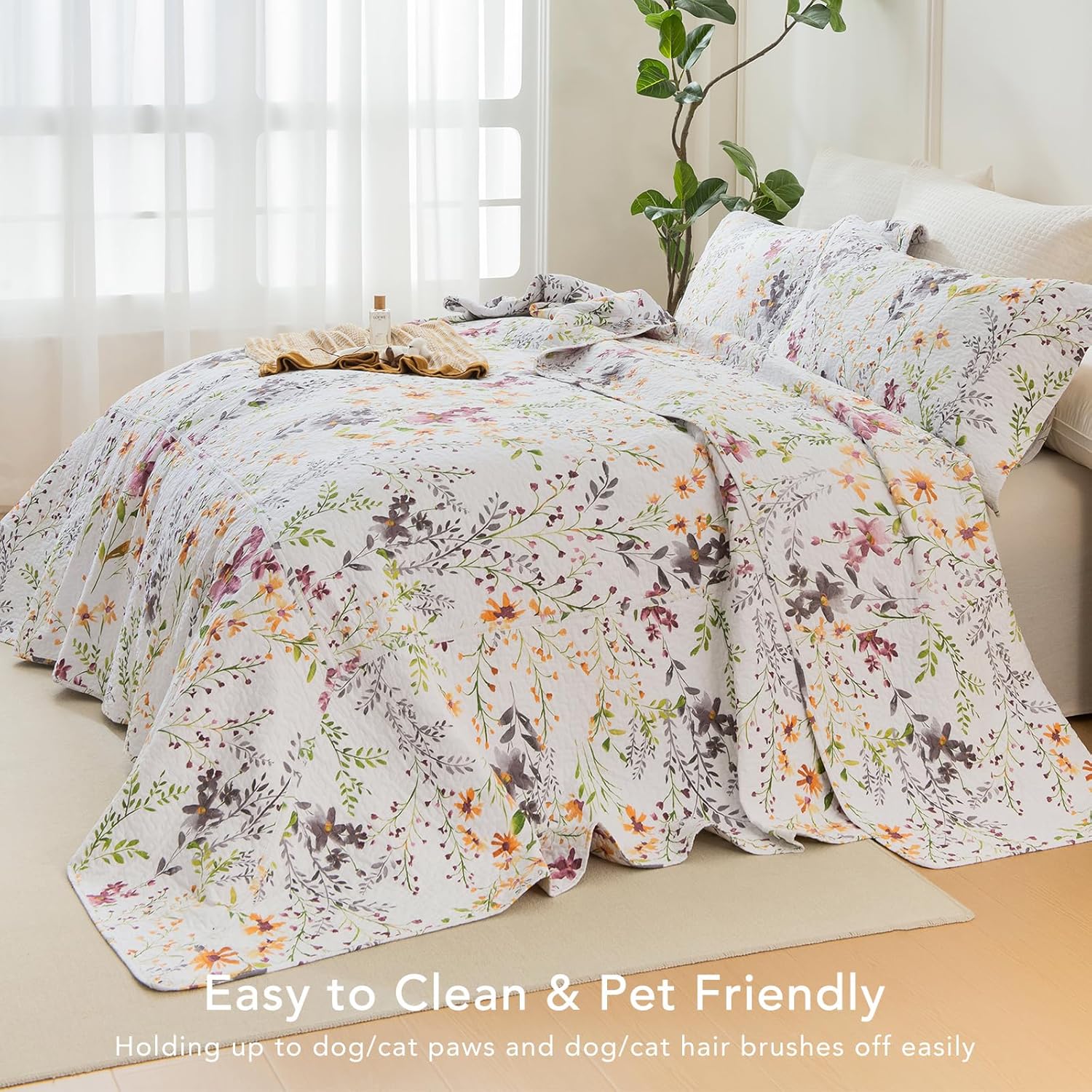 Lady Ann Oversized Cal King Bedspreads for Extra Bed 120x120, Wild Floral Printed Quilt Set 100% Cotton Flower Botanical Pattern Bedding, Vintage Coverlet with Pillow Shams for All Season, 3 PCS
