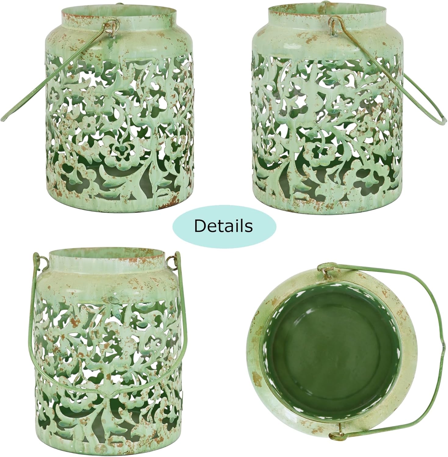 Vintage Metal Candle Lanterns with Handle Rustic Distressed Light Green Decorative Candle Holder with Floral Cut-Out Design for Home, Garden, Patio, Porch, Parties, Weddings Decor