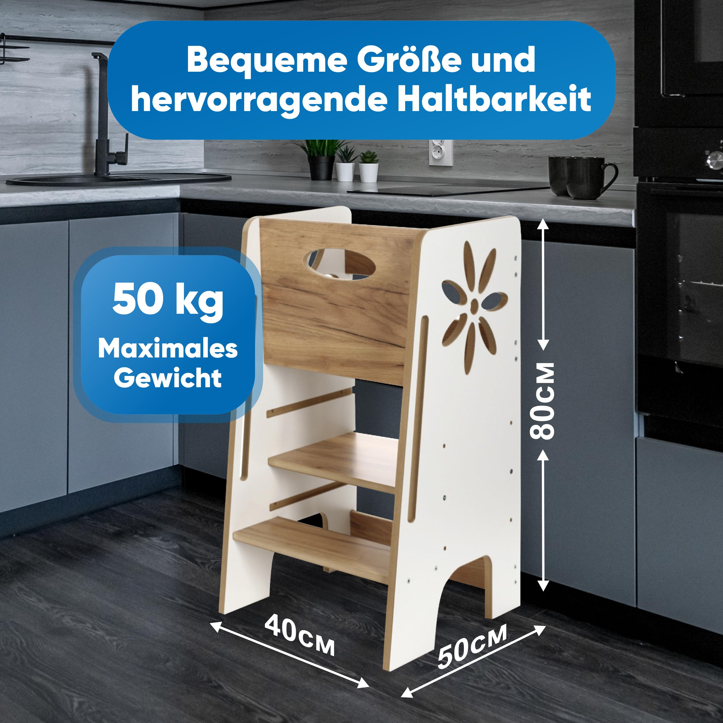 Kitchen Kids Helper Lernturm ab 1 Jahr - Höhenverstellbarer Lernturm Montessori Weiß und Eich 80cm - Sicherer Learning Tower für Kinder - Ideal für Küche & Bad - Stabile Konstruktion -Leichter Aufbau