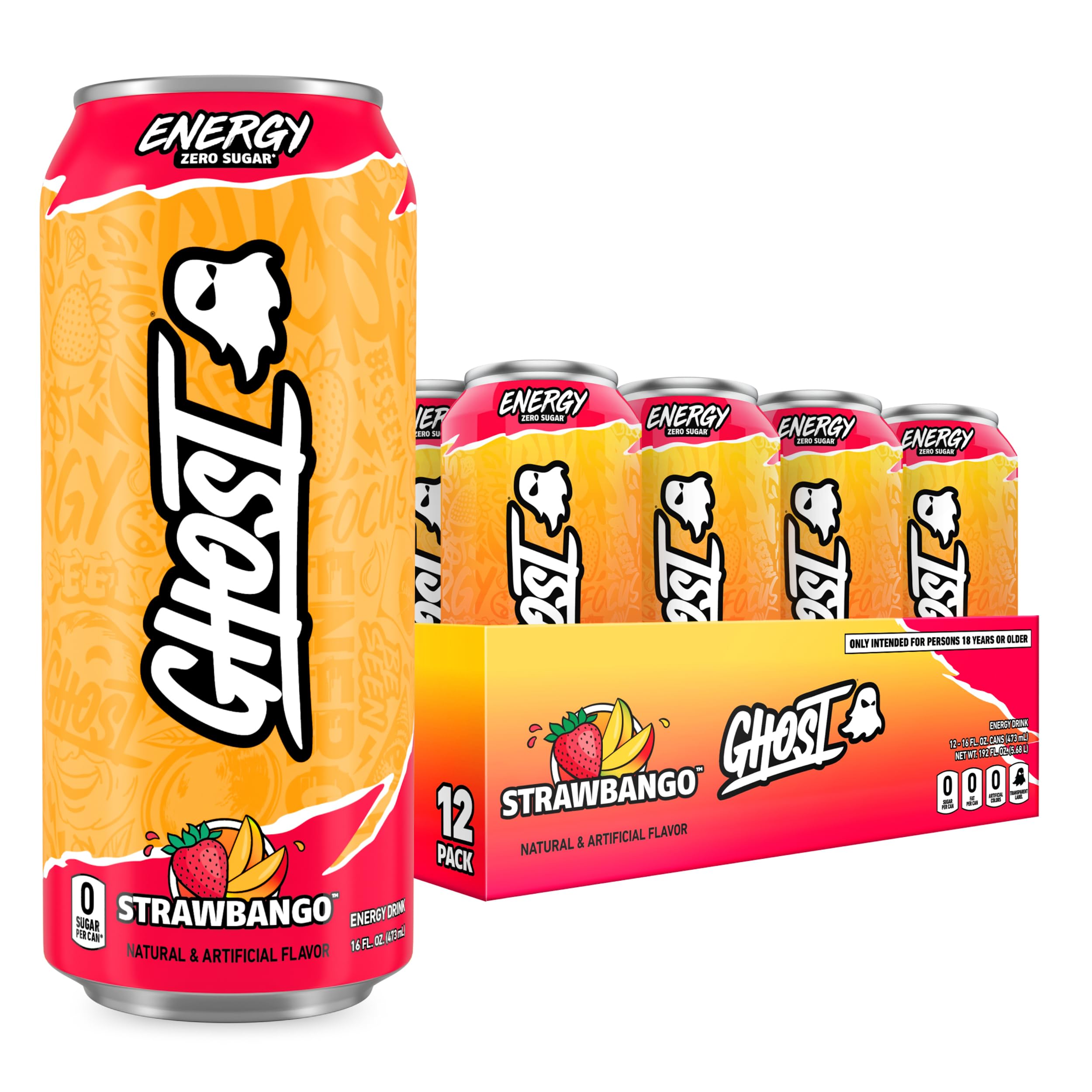 GHOST Energy Drink - 12-Pack, Strawbango, 16oz - Energy & Focus & No Artificial Colors - 200mg of Natural Caffeine, L-Carnitine & Taurine - Gluten-Free & Vegan