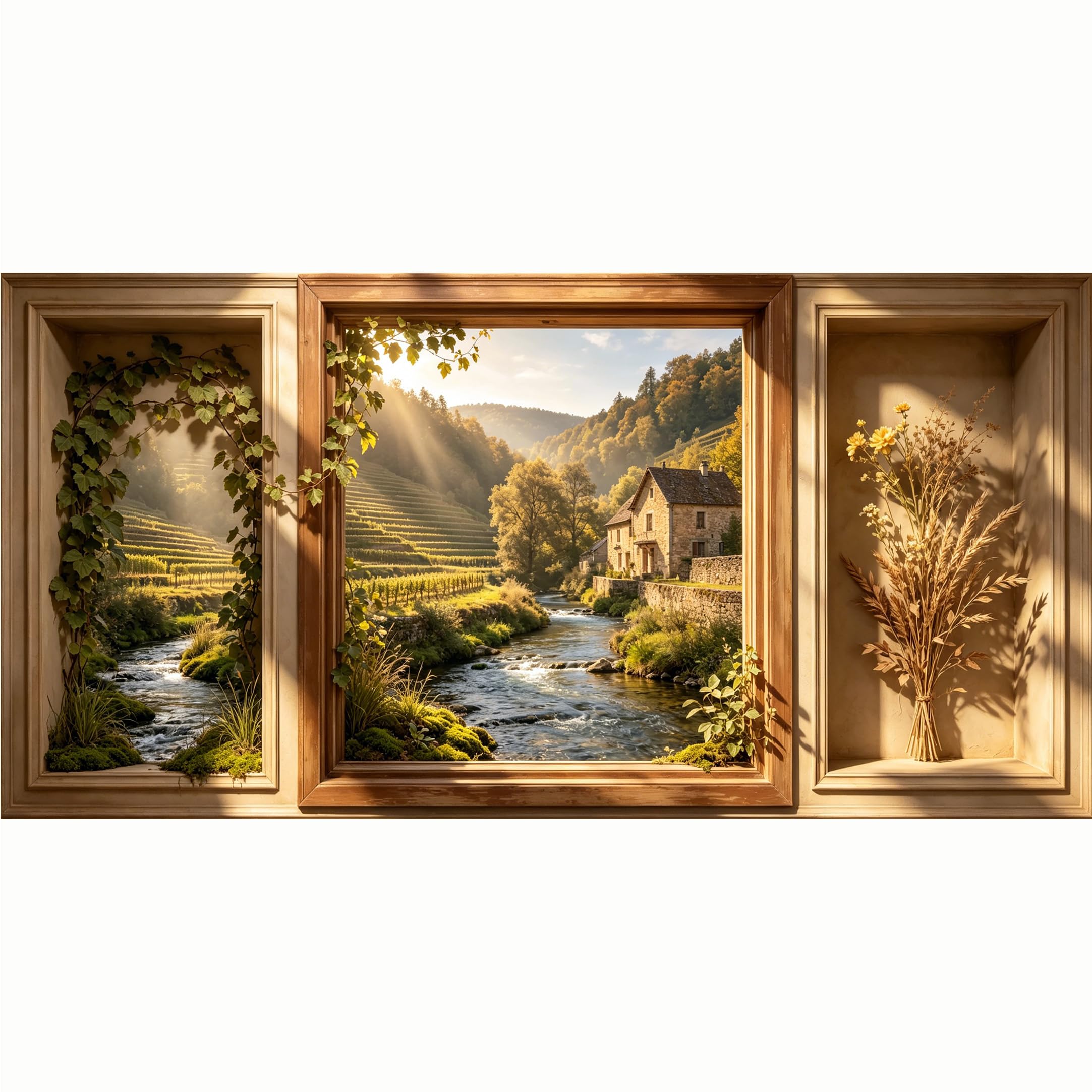 QZLITHOTIC 50x100cm 3D Framed Wall Art， Tuscan Vineyard River Landscape Self‑Adhesive Mural， Water‑Activated Peel & Stick Fabric Decor Wall Decal for Bedroom Living Room