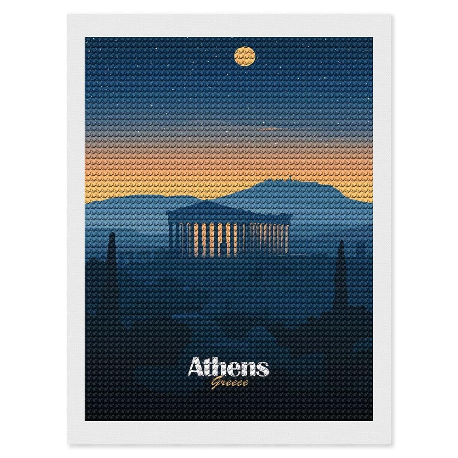 Junmoney Athens Skyline at Night Diamond Painting Kit 12"x16", Thoughtful Handmade Gift, for Creative Relaxation, Printed Canvas, Cosy Home Accent