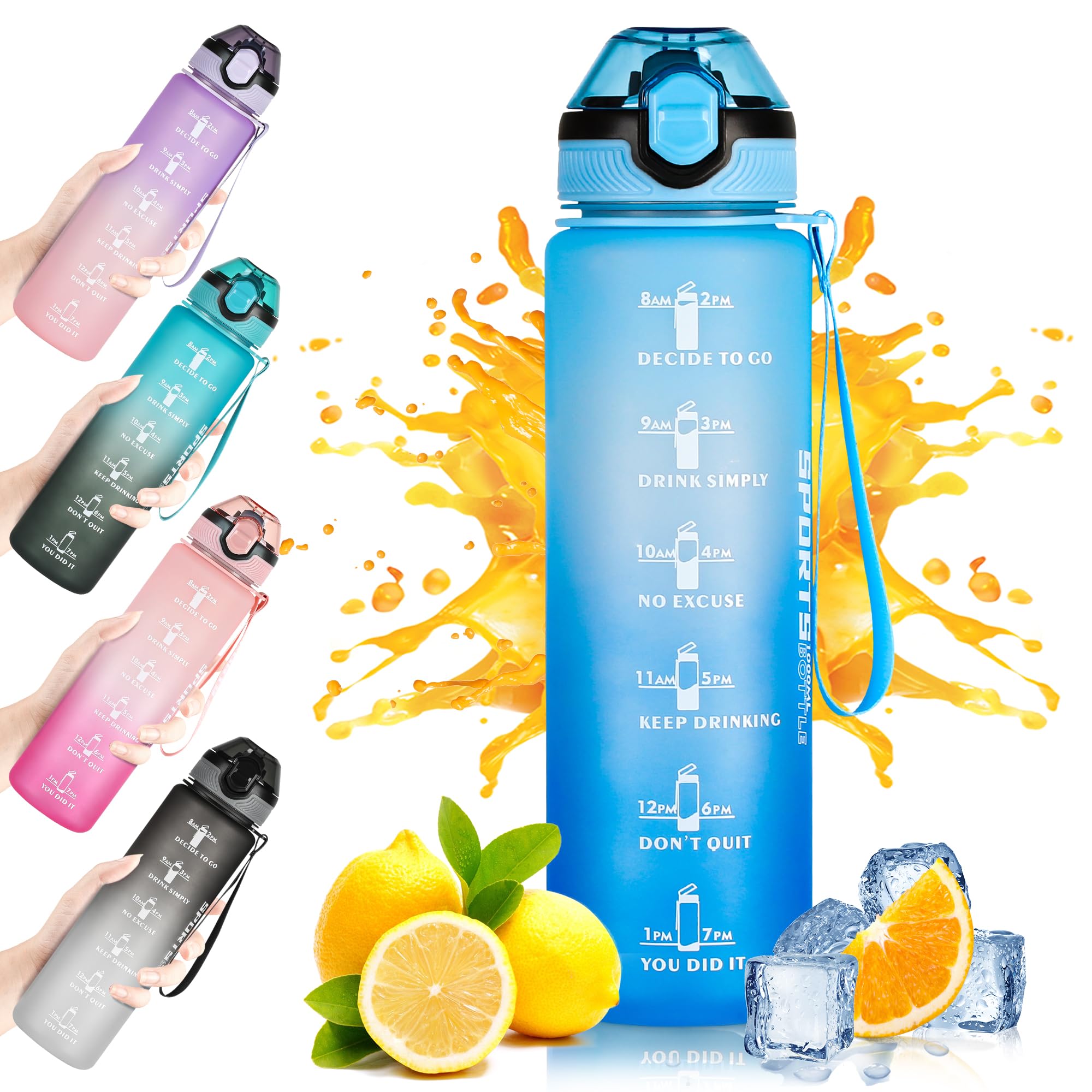 DUNSOO Borraccia 1L, Borraccia con Cannuccia con Del Tempo Motivazionale, Borraccia Sportiva, Tritan Senza BPA Bottiglia Acqua, con Spazzola per la Pulizia per Palestra, Yoga - Blu