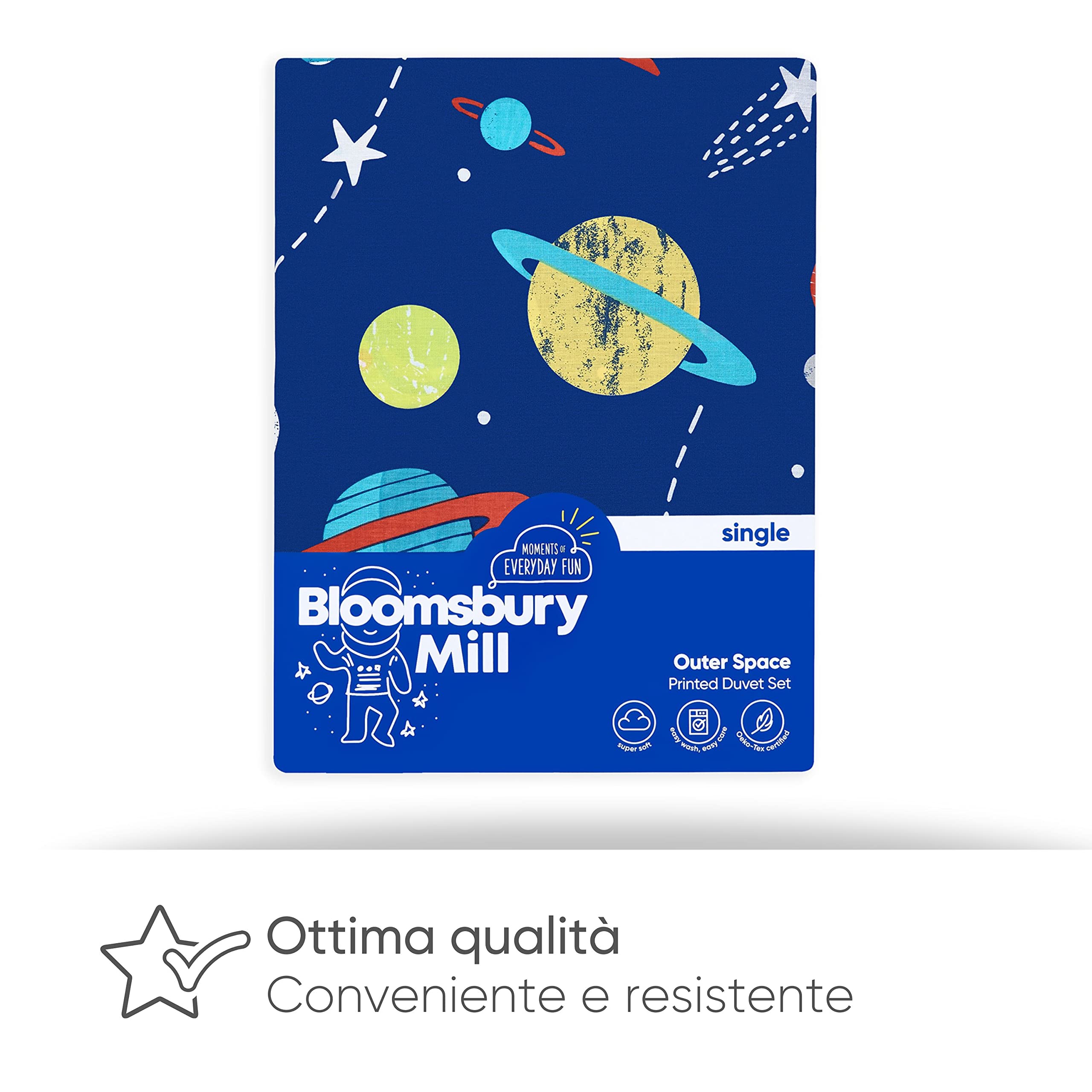 Bloomsbury Mill – Set Copripiumino Singolo – Lo Spazio Esterno, Pianeti e Razzi - Lenzuola Letto Reversibile Per Ragazzi e Ragazee - Set di biancheria da letto per bambini - 135 x 200 cm e Federe
