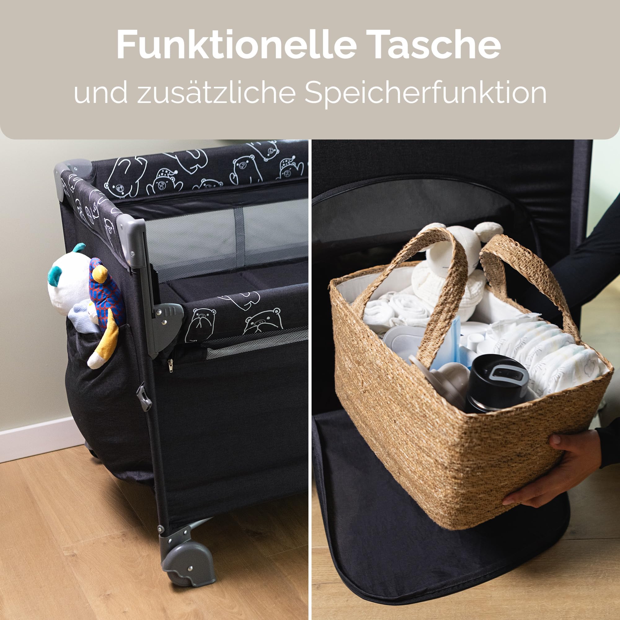 Livsmiljö Reisebett Babybett 3 in 1 Beistellbett Laufstall klappbar mit 2 Ebenen Seiteneinstieg Rollen mit Bremse Transporttasche kompakt faltbar für Zuhause und Reise Hellgrau