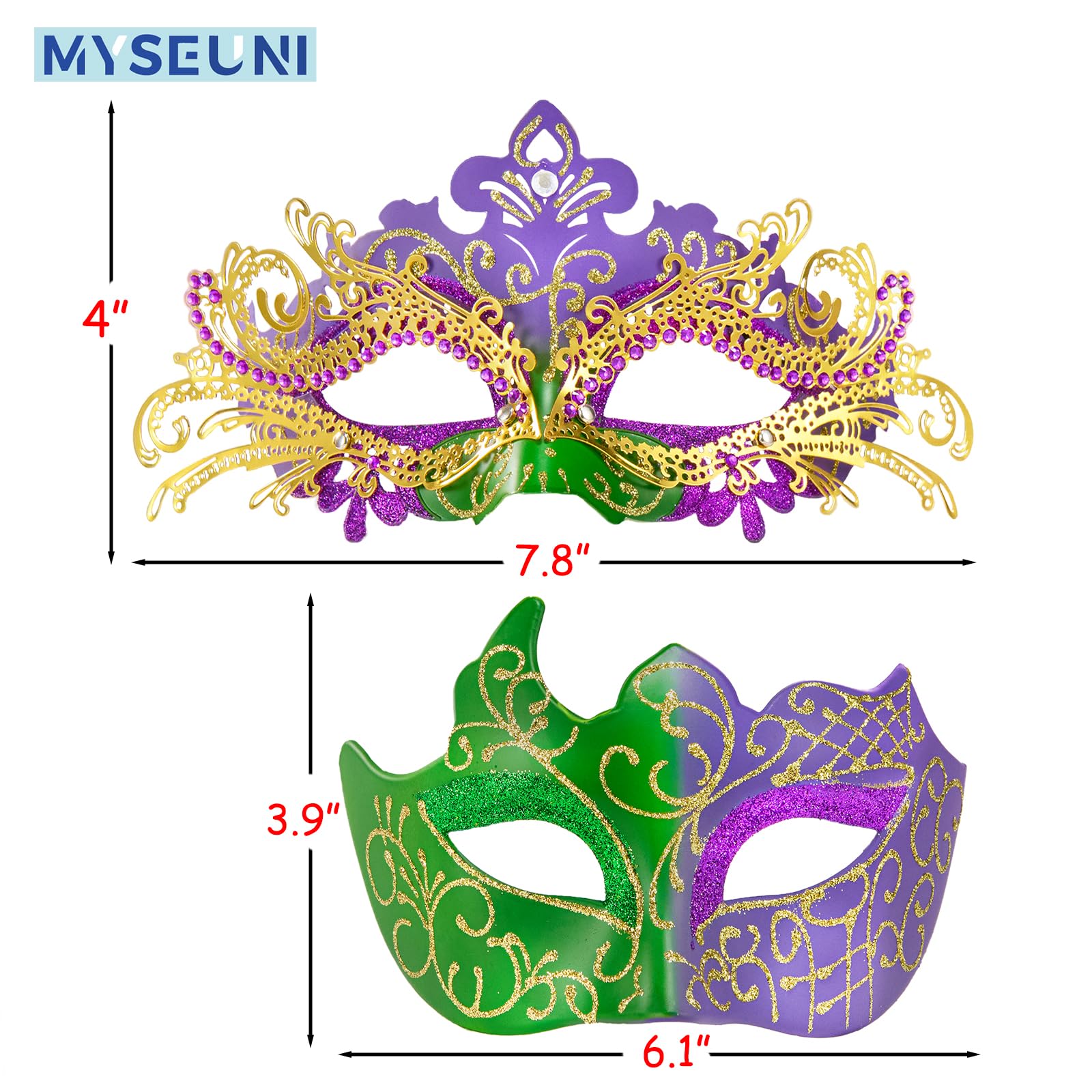 MYSEUNI Mardi Gras Mask for Women & Mens Venetian Carnival Mask, Shiny Rhinestone Masquerade Party Mask Set - Image 3