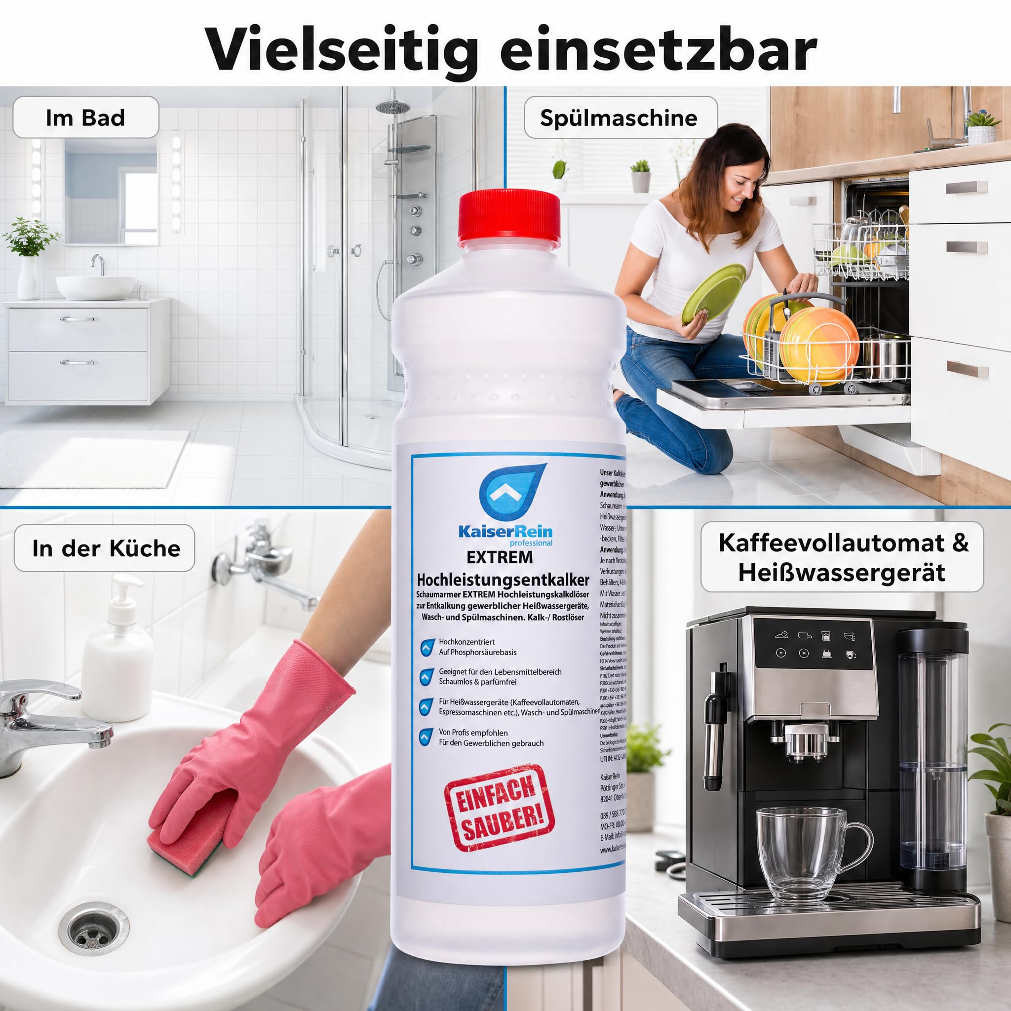 KaiserRein Profi Extrem Hochleistungsentkalker/Rostlöser flüssig 12x1L Kalklöser für Kaffeevollautomaten Entkalker Heißwassergeräte gegen Kalk, Urinstein, Wasserstein, Kesselstein und Rost