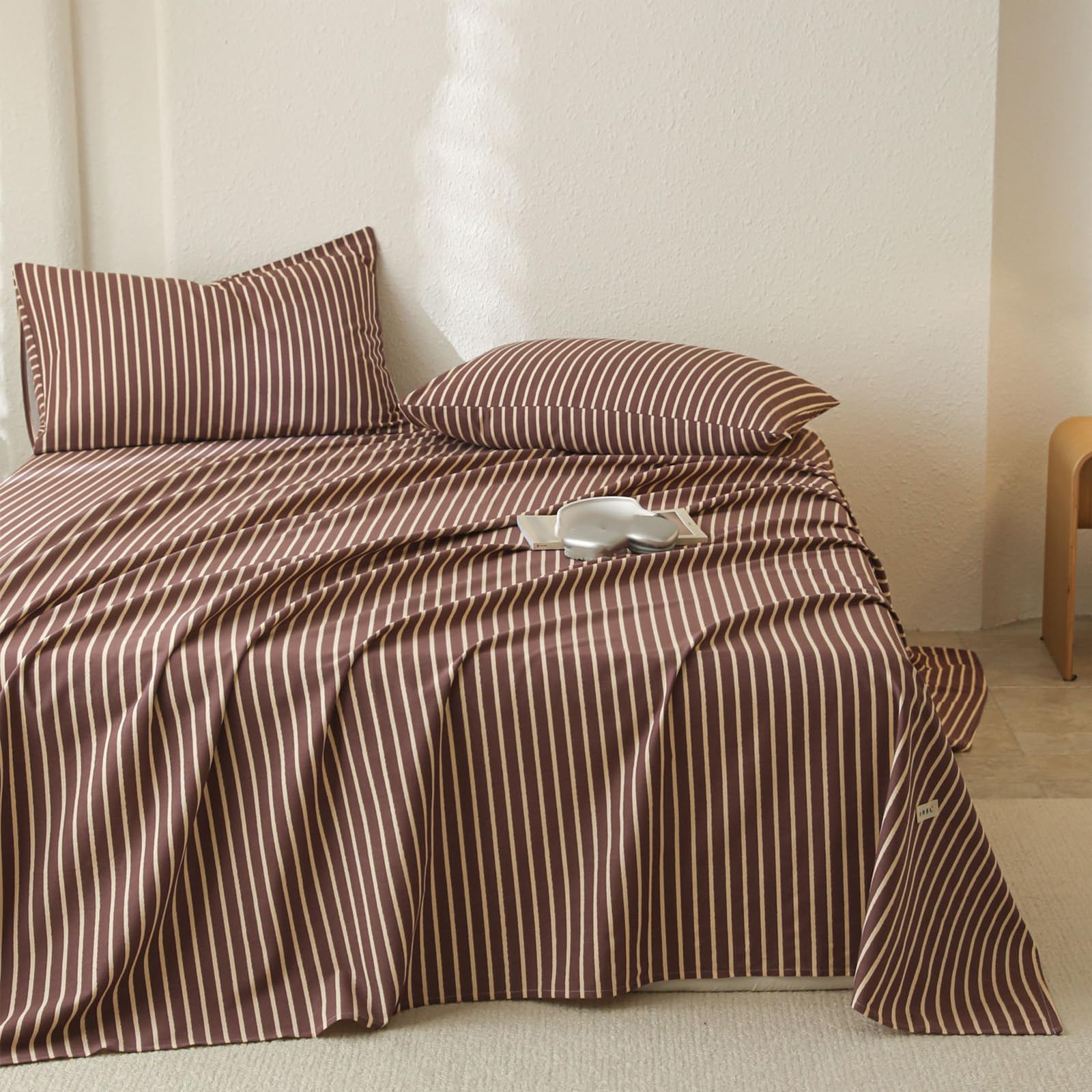 Drap plat 120x230cm rayures marron en coton - linge de lit simple toutes saisons