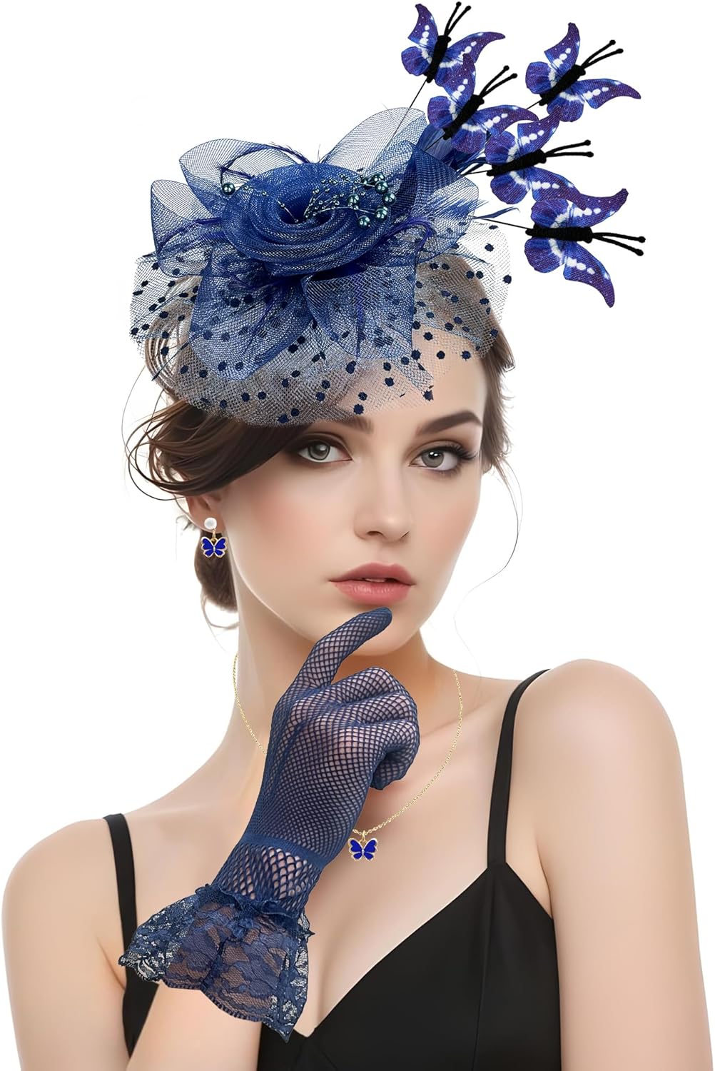 Navy Blue Butterfly Fascinator Hat Set for Women Tea Party Hats Gloves for Women Cocktail Wedding Halloween 1920s - Image 7