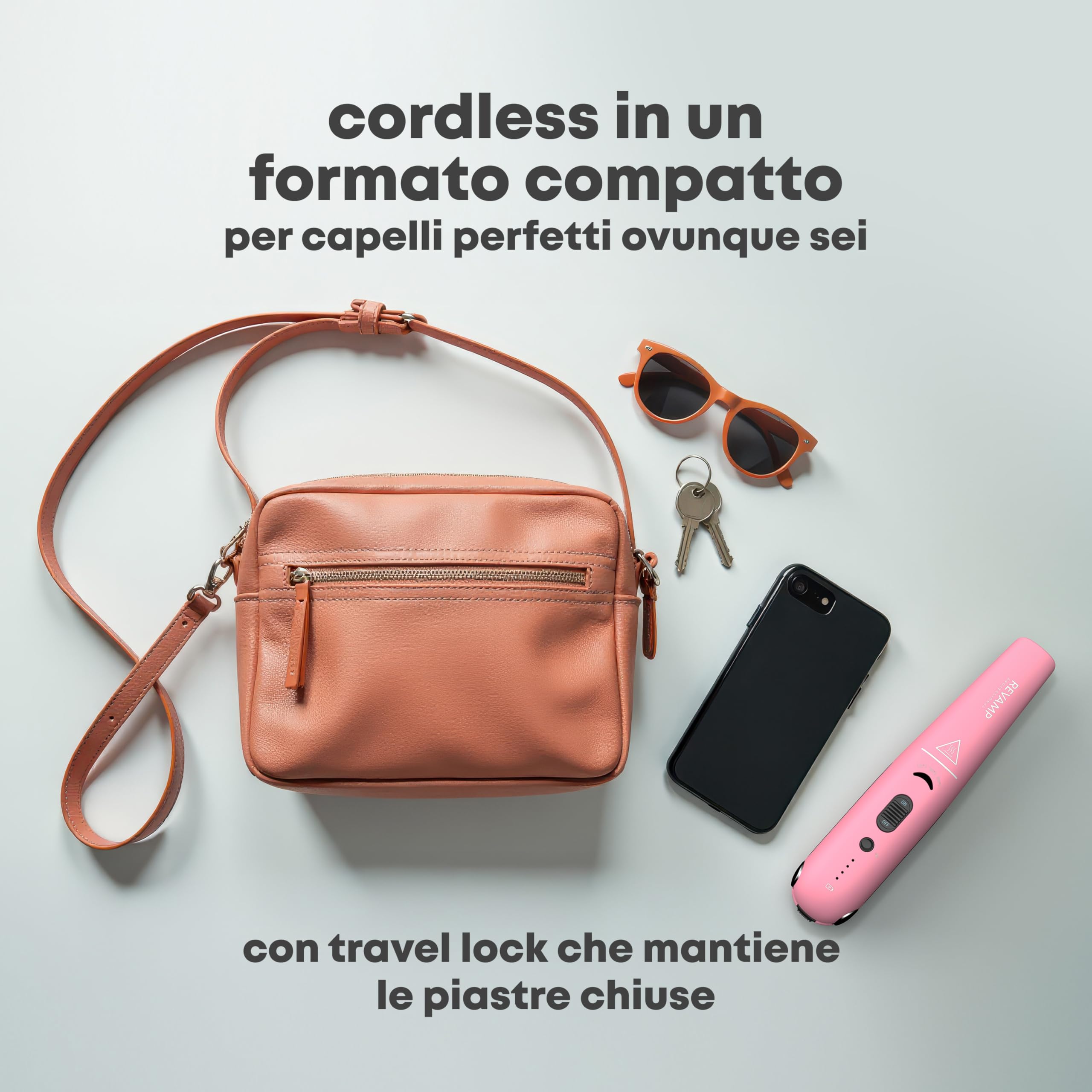 REVAMP Progloss Liberate Compact, Piastra per Capelli Compatta in Ceramica Cordless con Tecnologia Ionica, Infusa con Oli Liscianti Anticrespo, Temperatura 160°C-210°C, Rosa