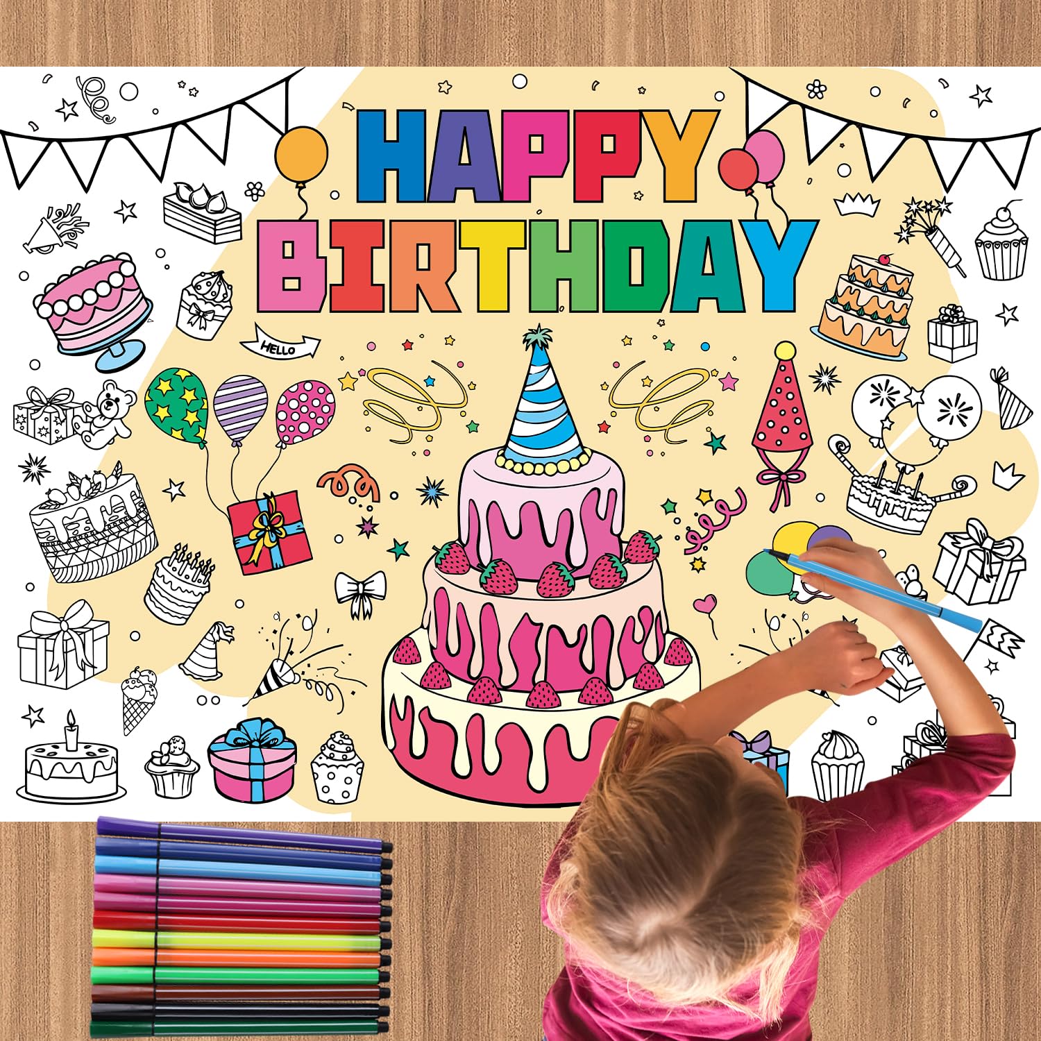 DIYASY Giant Coloring Poster with 12 Color Pens, Large Coloring Tablecloth for Kids Big Coloring Posters Jumbo Table Size Coloring Sheets for adults Classroom Wall