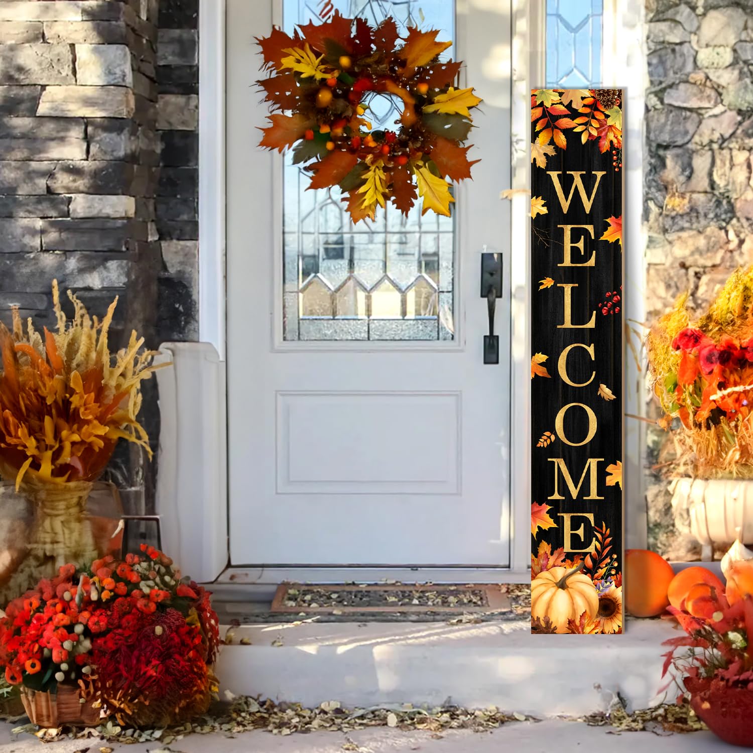 Cartello per portico di benvenuto autunnale, cartelli in acero per portico anteriore, zucca dorata, cartello verticale in legno in piedi per patio porta d'ingresso, portici autunnali, vacanze, casa