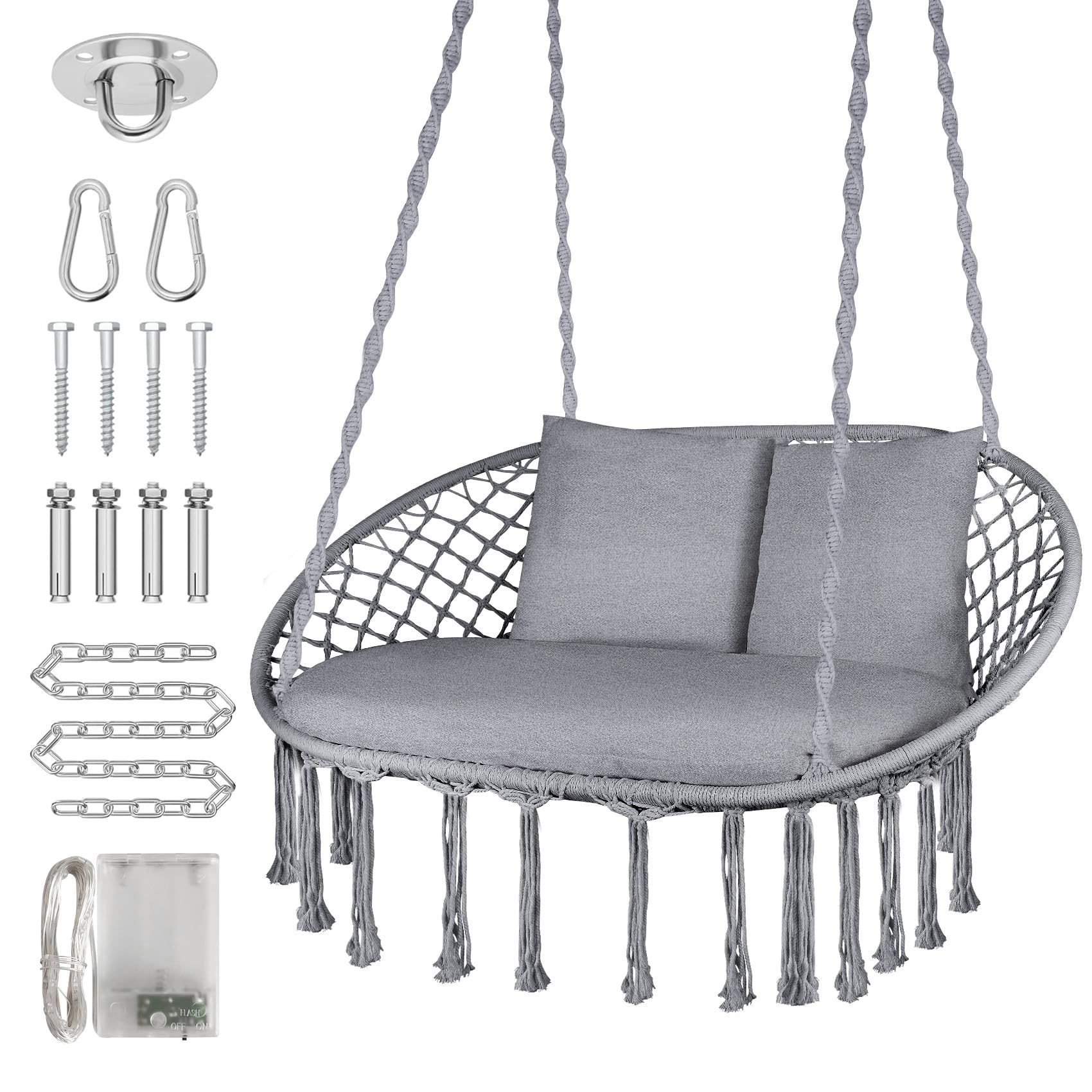 ZENPETIO Double Swing Chair, Large Hanging Macrame Chair with 3 Cushions & Mounting Hardware, Handwoven Chair for Bedroom, Patio, Living Room etc. Indoor/Outdoor Relax, Max 700 Lbs, Grey