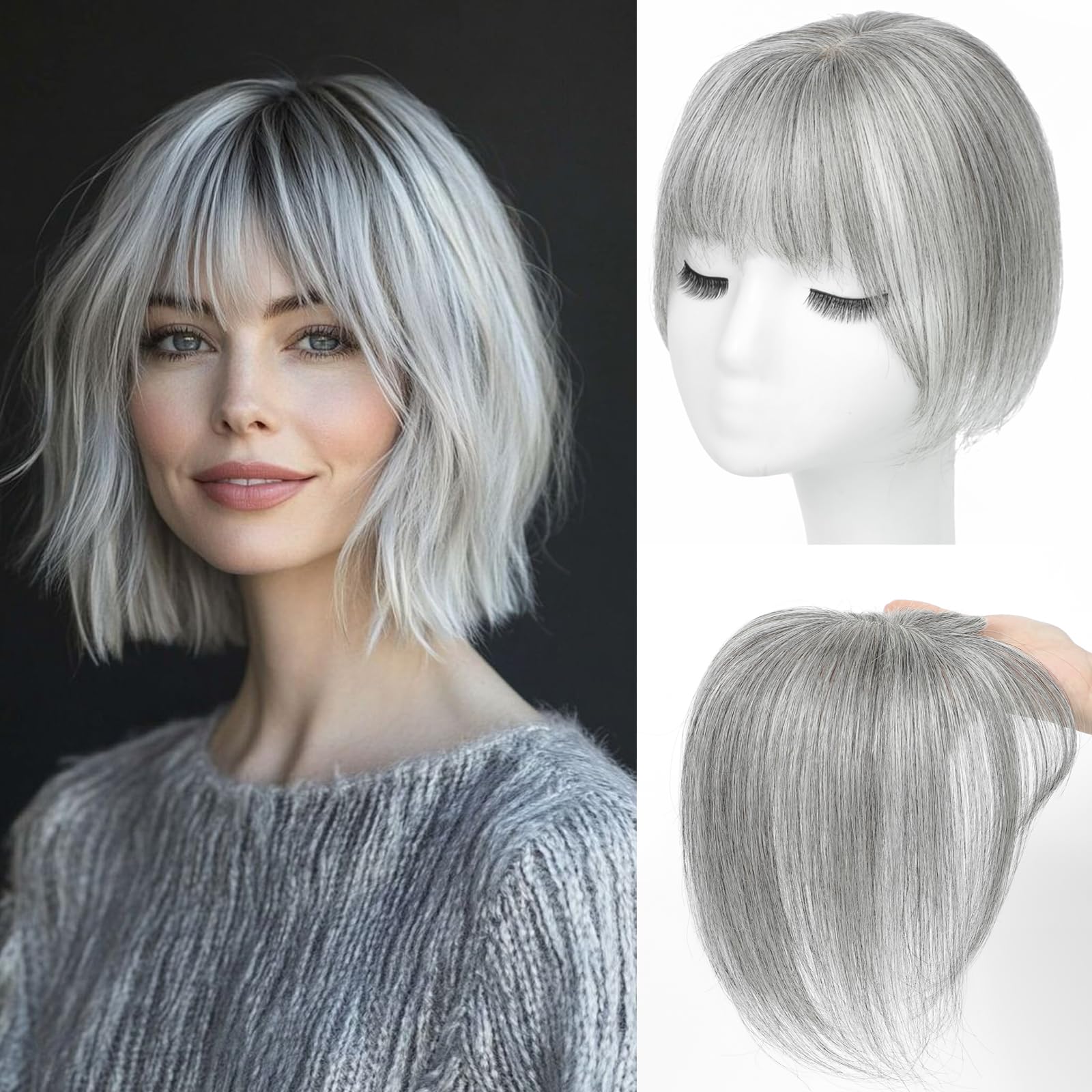 Hair Toppers for Women Real Human Hair， 360°3D Cover Toppers Hairpieces for Women with Thinning Crown Wispy Clip in Bangs Realistic Scalp Hairline (Gray02, Wispy Bangs)