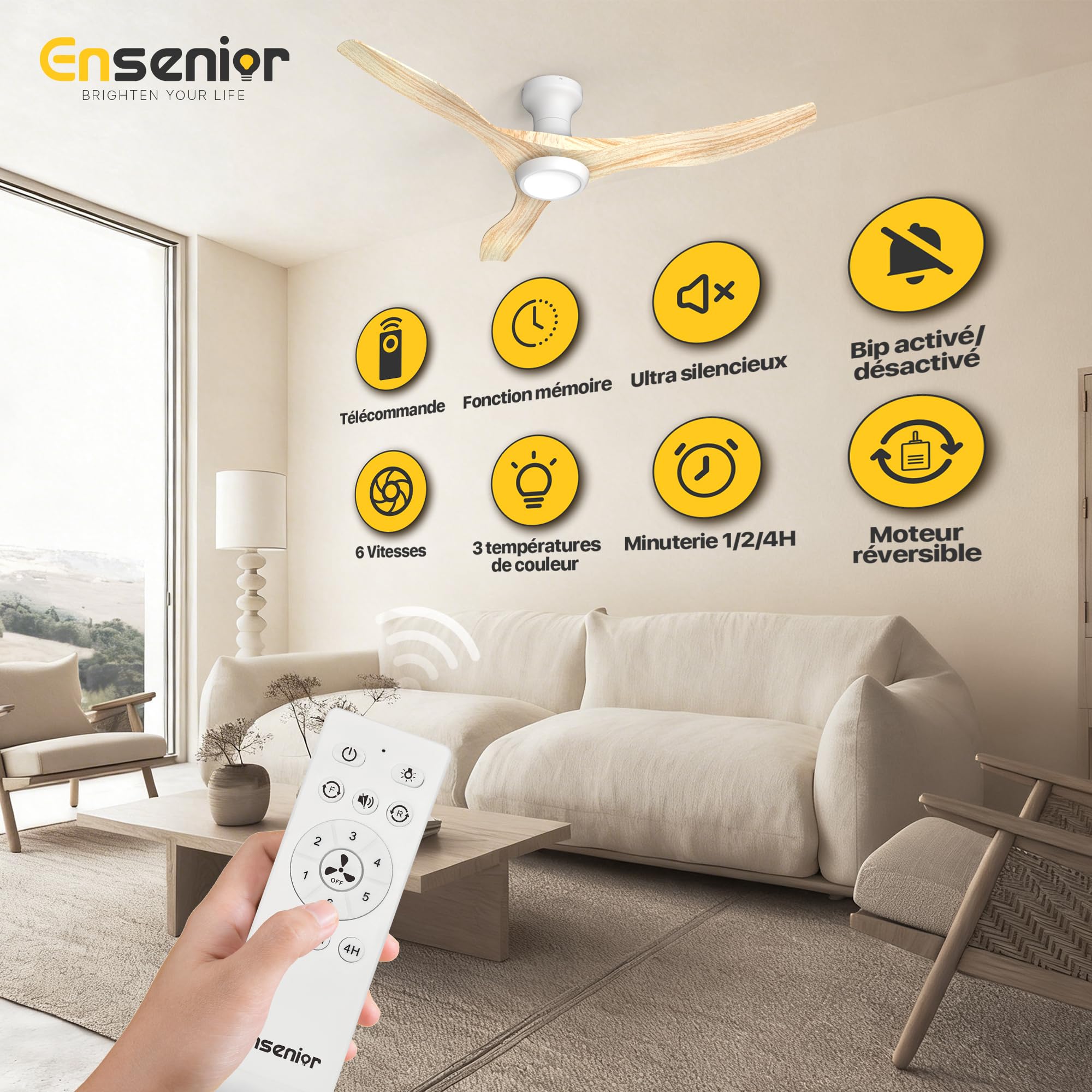 Ensenior Ventilateur de Plafond avec Lumière Silencieux 126cm Moteur DC 3 Couleurs LED Dimmable Mémoire 6 Vitesses Bois