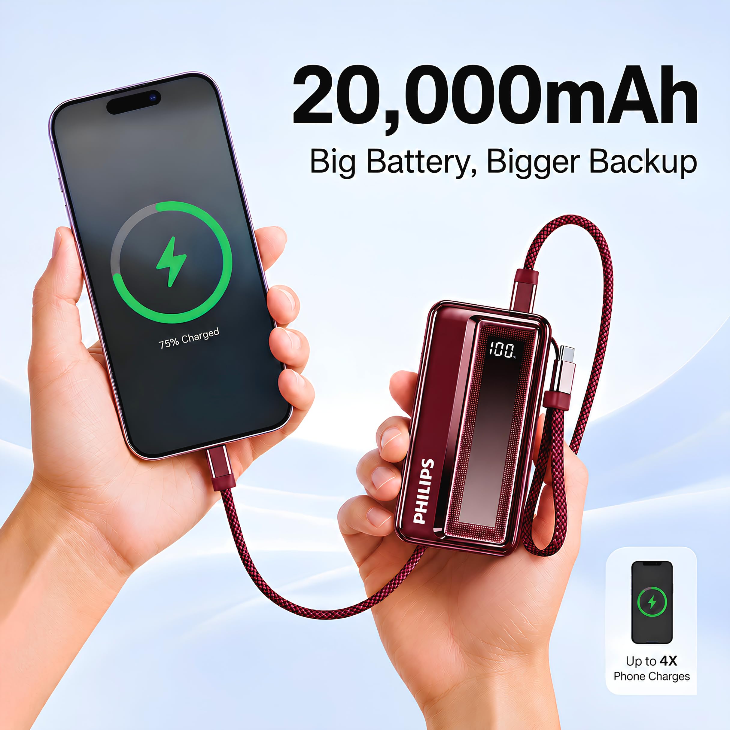 Philips DLP2721NR/94 20000mAh 45W Fast Charging Power Bank with Built-in Type-C Cable (Iron Red) | Digital LED Display | Lithium Polymer | 2 Type-C & USB-A | Pocket Size | Compact & Travel-Friendly — Amazon image 4