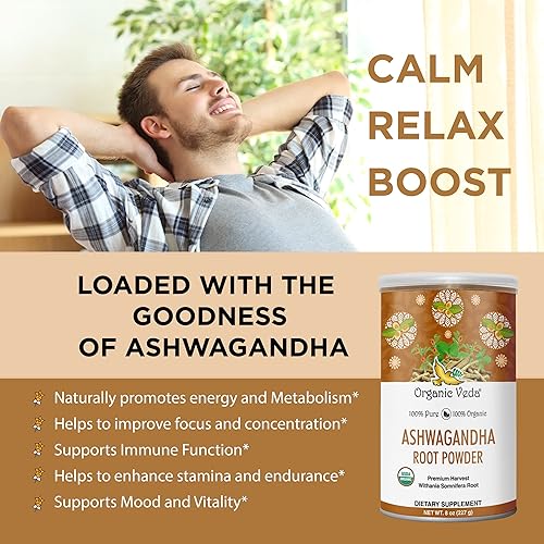 Miniatura 4 de Polvo orgánico de raíz de Ashwagandha, certificado por USDA, 1 libra Organic Veda