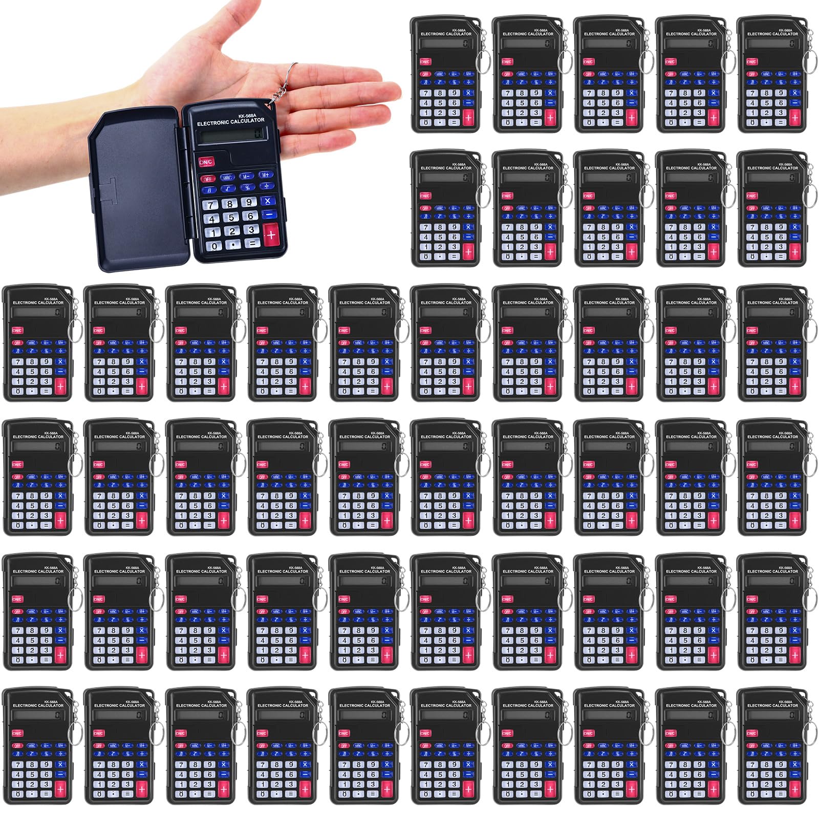 50 Pcs Calculators for Kids Bulk Basic Pocket Calculator Black Mini Small Pocket Size Student with Flip Cover 8 Digit Display Key Ring Portable School 100th Day of School Gifts for Classroom