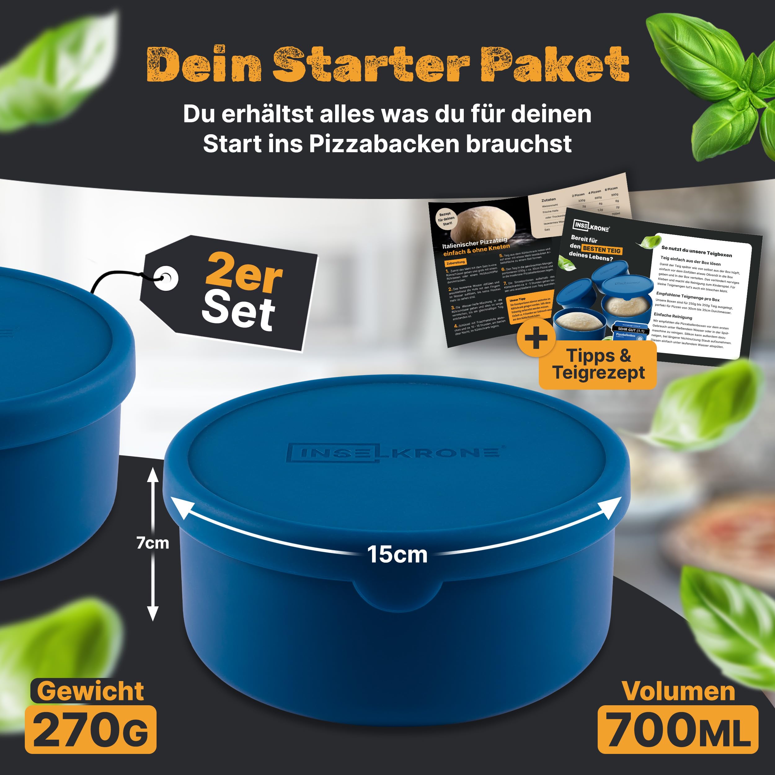 Lot de 2 boîtes à pizza avec couvercle - En silicone flexible - Jusqu'à 350 g - Avec couvercle - Respirantes - Diamètre : 14 cm