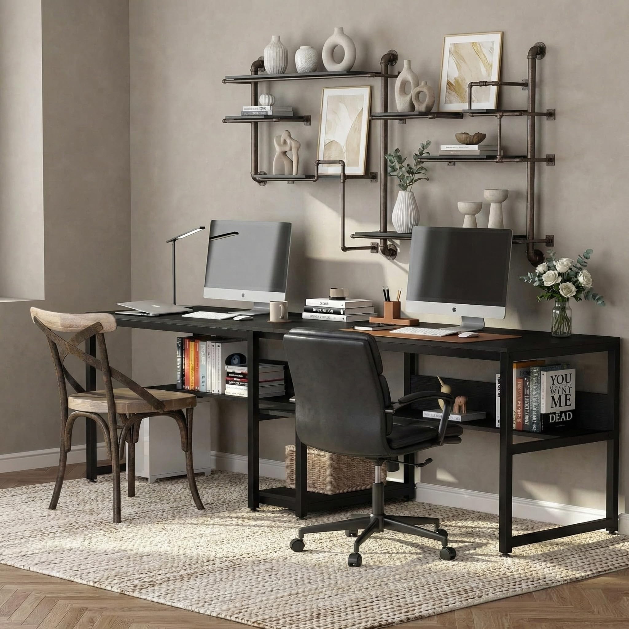 Lailang Tavolo da computer da 79 pollici, doppia scrivania lunga, tavolo da lavoro rustico, tavolo da ufficio con spazio di archiviazione, scrivania per computer, scrivania grande, 79 x 24 x 30