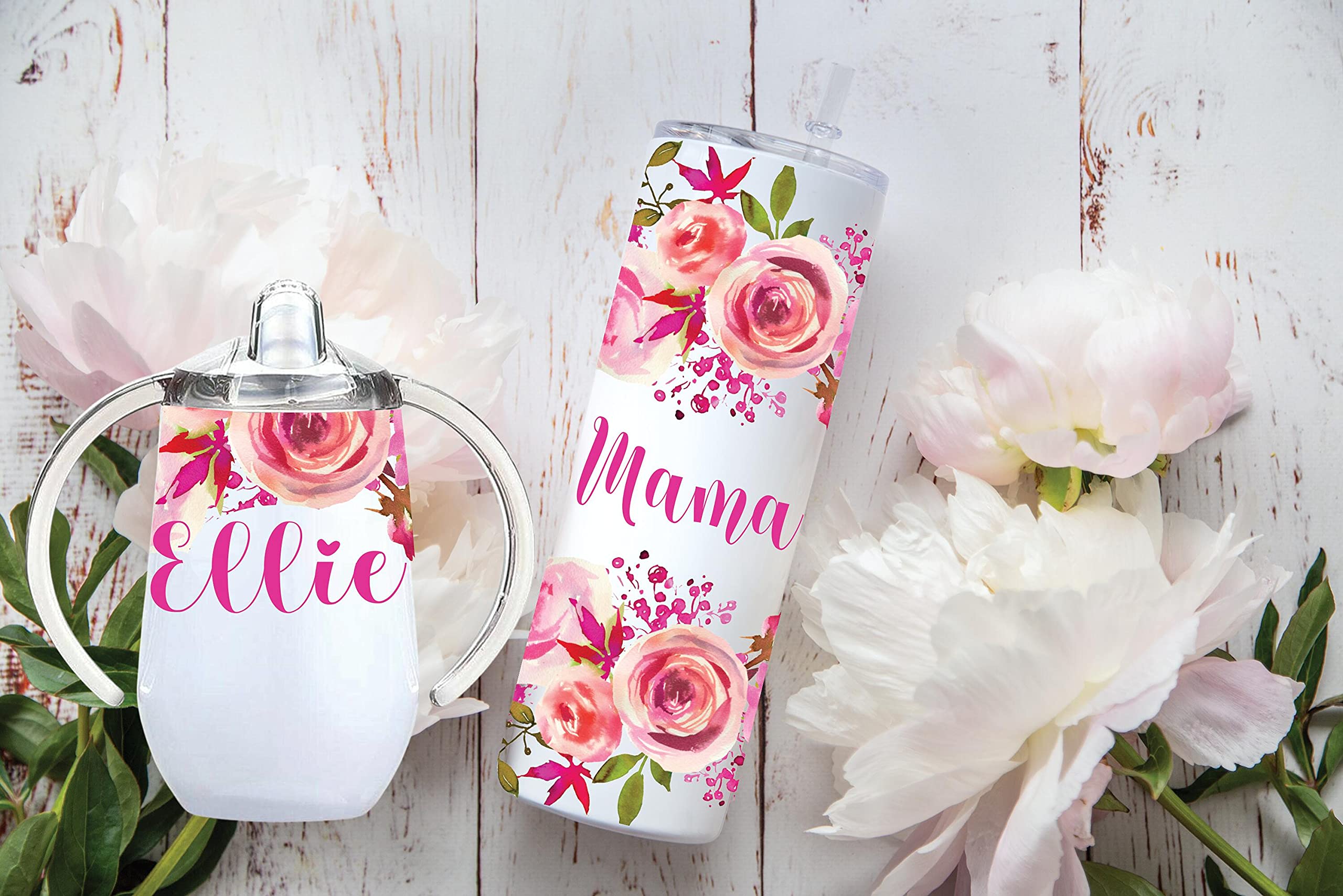 Personalized Insulated Stainless Steel Sippy Cup & Matching 20oz Skinny Tumbler | Any Name or Text | Pink Floral | Sippy cup for toddlers | Baby Shower