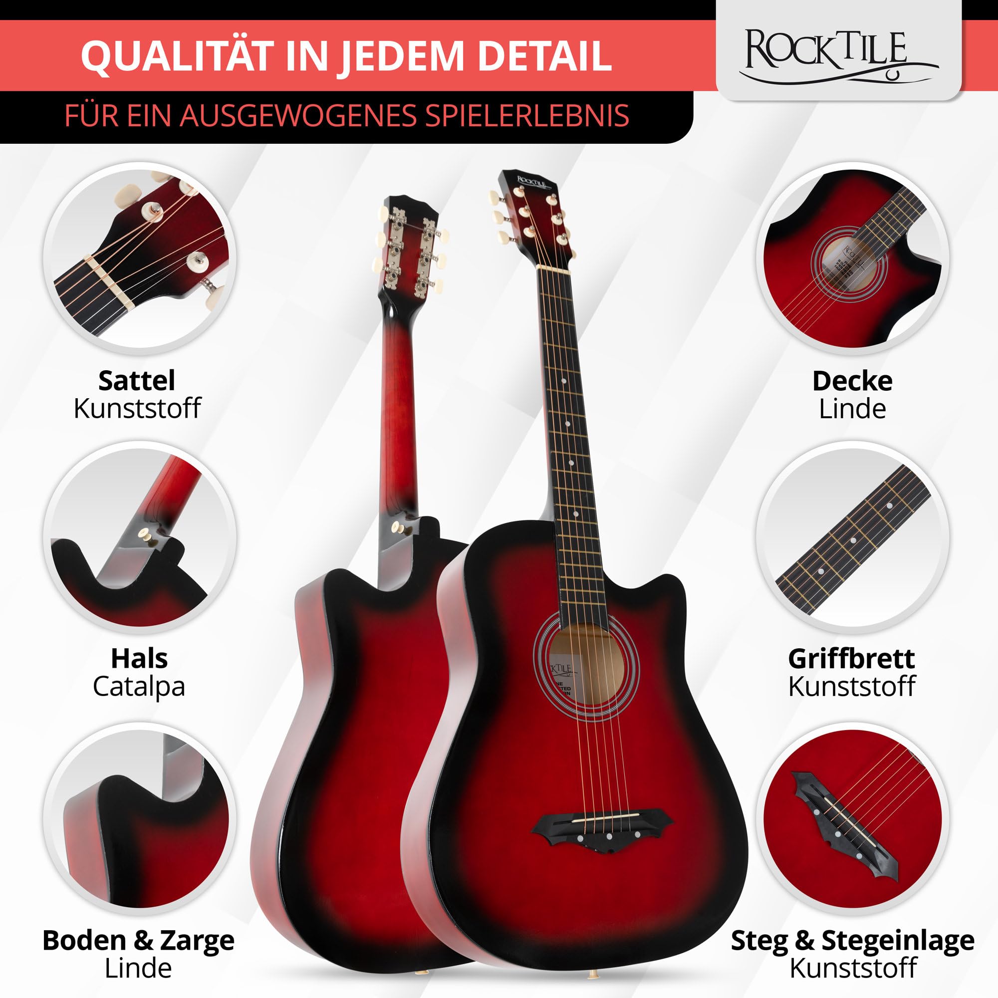 Rocktile WSD-5C-RDB Slim Line zestaw gitar westernowych, gitara akustyczna Dreadnought - gitara westernowa z korpusem z lipy - szyja: Catalpa - zestaw z torbą, strunami zapasowymi, paskiem i kostkami